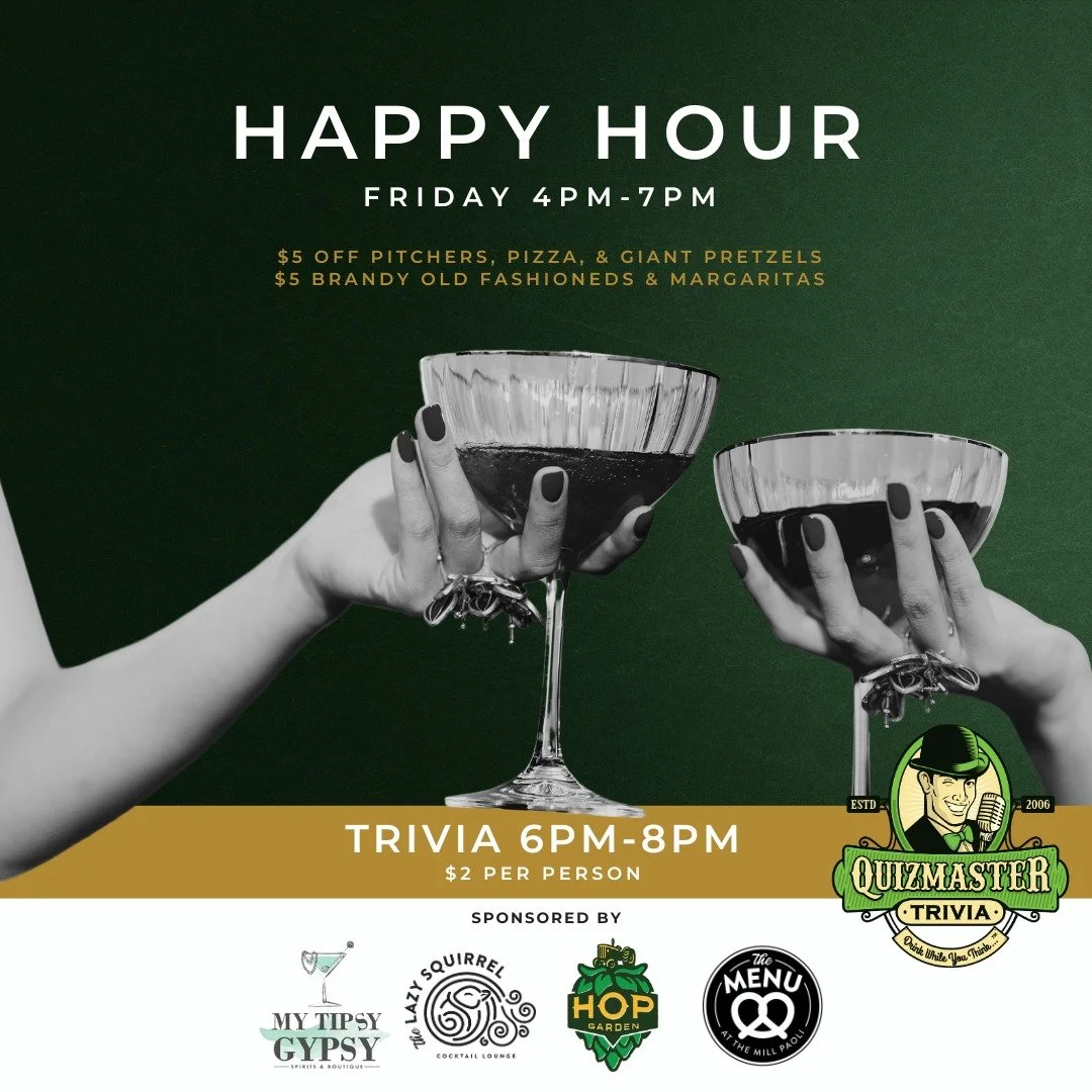It's the longest Happy Hour in Paoli! Join us THIS Friday from 4pm-7pm for...

&bull; $5 Off Hop Garden Brewing &amp; Tap Room - Paoli, WI  Pitchers!
&bull; $5 Off @themenuatthemillpaoli Pizza's &amp; Giant Pretzels!
&bull; $5 Brandy Old Fashioneds a