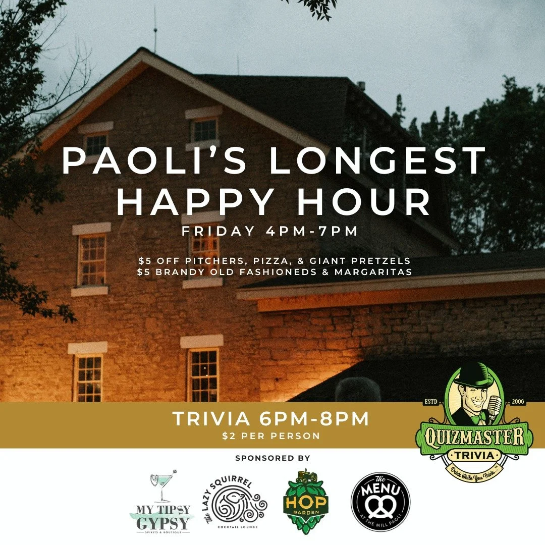 It's the longest Happy Hour in Paoli! Join us THIS Friday from 4pm-7pm for...

&bull; $5 Off Hop Garden Brewing &amp; Tap Room - Paoli, WI Pitchers!
&bull; $5 Off @themenuatthemillpaoli Pizza's &amp; Giant Pretzels!
&bull; $5 Brandy Old Fashioneds an