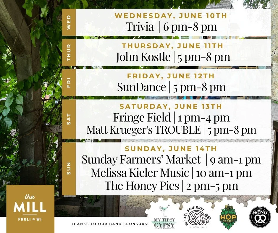 1. Head to Poali 
2. Grab a cold drink 
3. Enjoy the music 

🎶 Music from: John Kostel - Folk/Rock/Country, SunDance Band, Fringe Field, Matt Krueger's Trouble - Bluegrass/Americana, Melissa Kieler Music,  and The Honey Pies 
🚫 Reminder: No carry-i