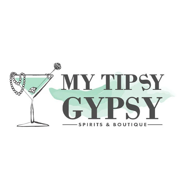 Logo of "My Tipsy Gypsy Spirits & Boutique" featuring a cocktail glass with pearls, diamonds, and a skewer