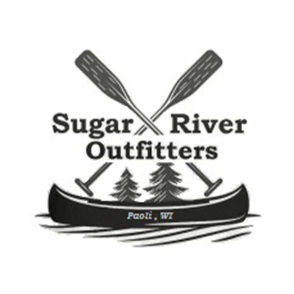 Logo of Sugar River Outfitters with crossed paddles, a canoe, and trees, located in Paoli, WI.