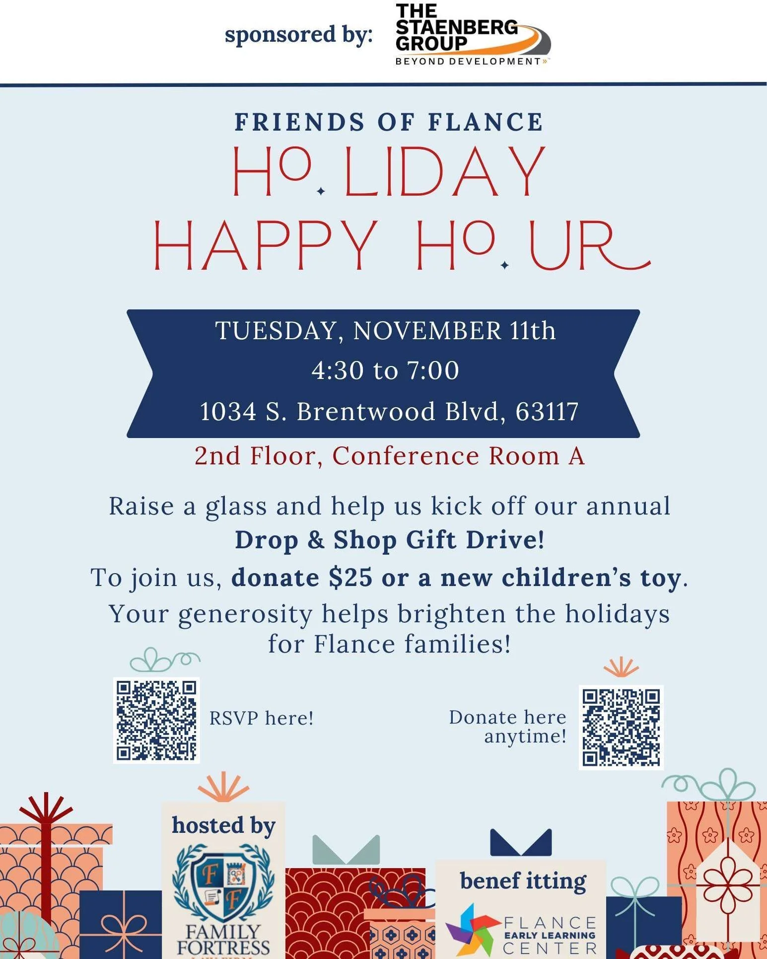 Tonight is the night, Friends of Flance! Join us for Happy Hour across from The Galleria anytime between 4:30 and 7 and come on up to the 2nd Floor in Conference Room A. Cheers! 

Can't make it? You can still support by dropping a toy donation at Fla