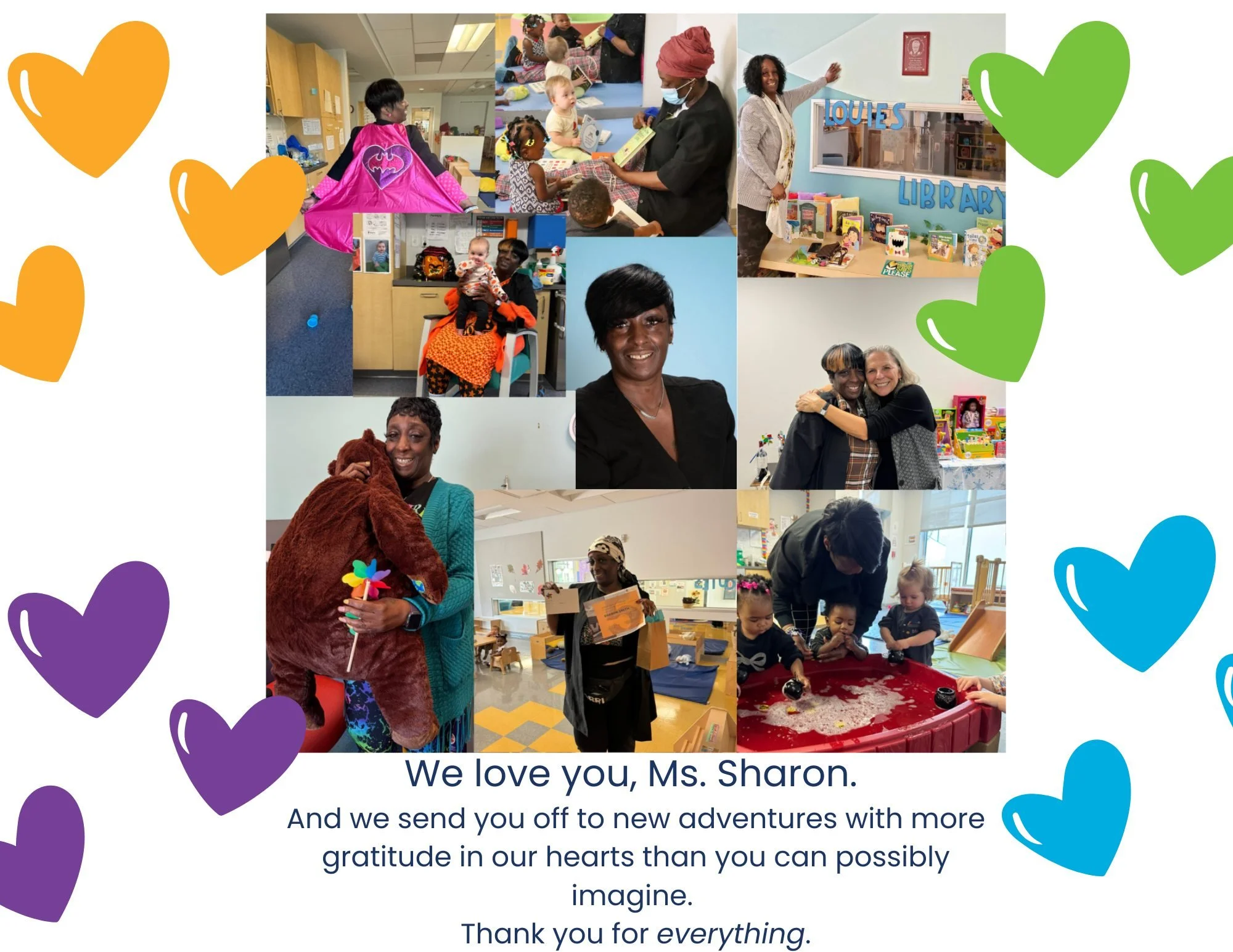 Today marks the end of an era at Flance.  It's Ms. Sharon's last day. (We're not crying, you're crying!) We love you, Ms. Sharon. Come back and visit, please. No really. Like, soon? :) 

Love,

Every child, parent, and coworker lucky enough to know y