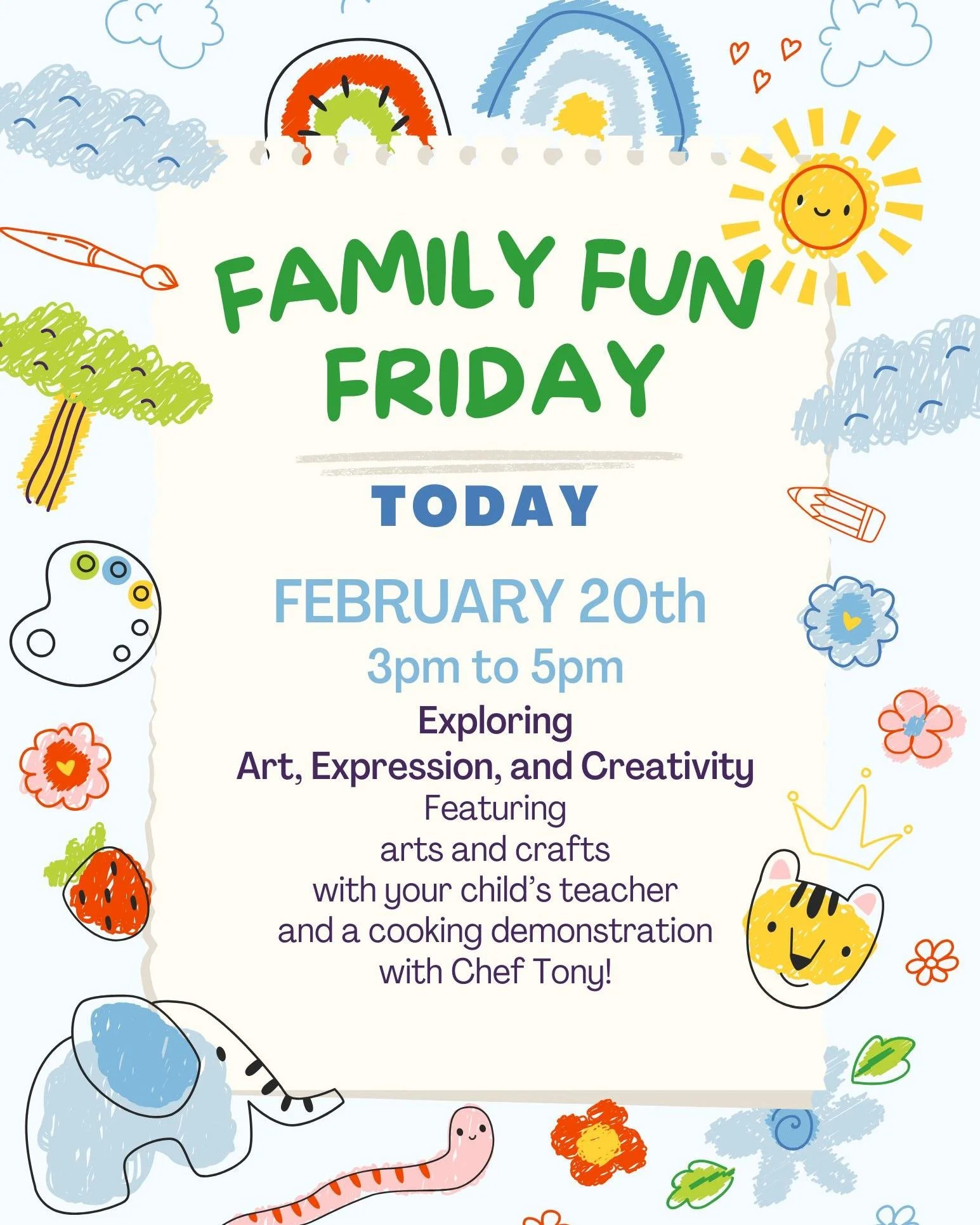 Friendly Reminder Flance Fams: Join us TODAY during pick up! 

Family Fridays at Flance happen once a month and offer an opportunity for you, our parents and other caregivers, to connect with your child's teacher and classroom activities, as well as 