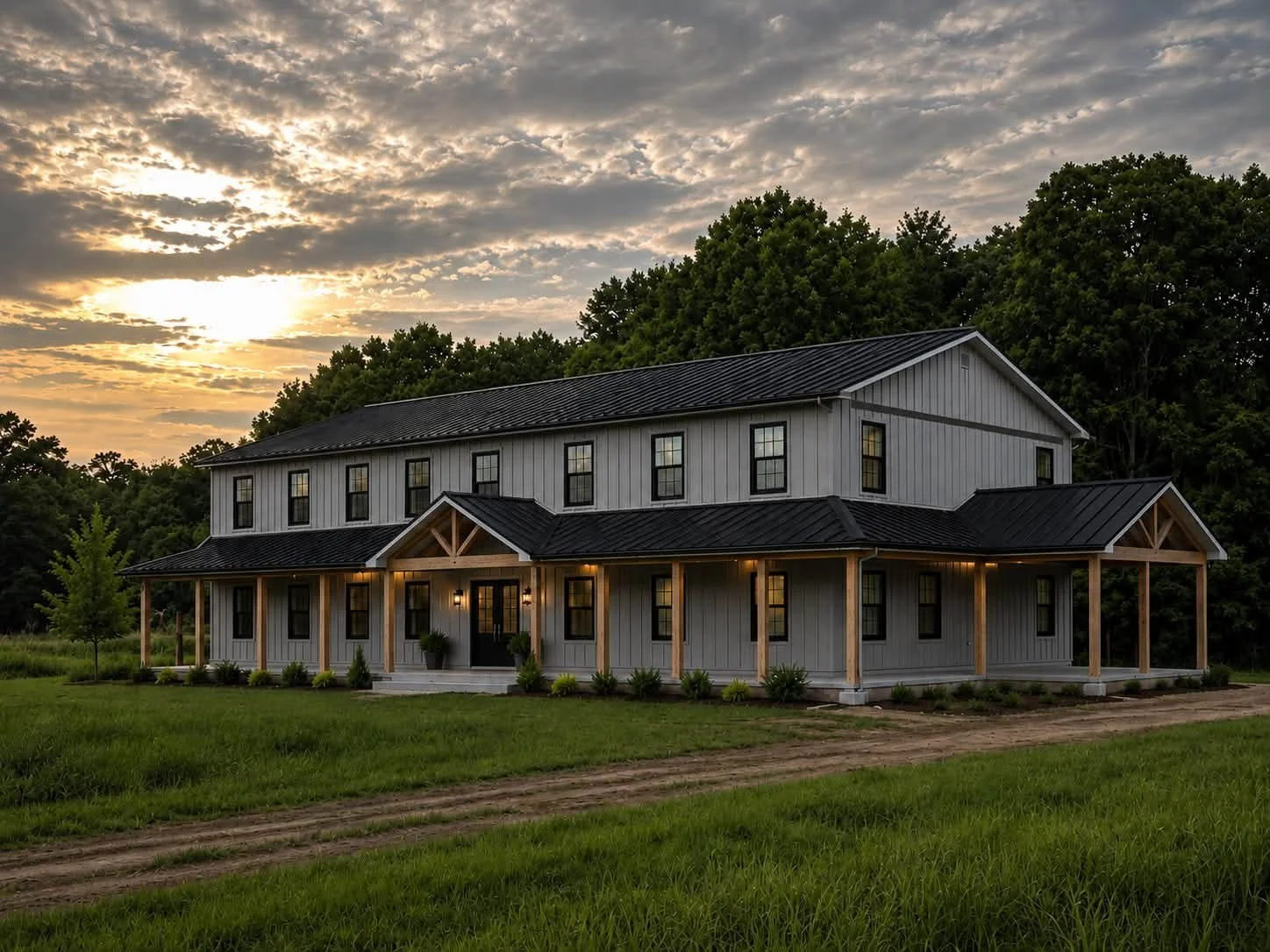 A modern two-story farmhouse with gray siding, black roof, and a wooden porch, set against a backdrop of green trees and a sunset sky.
