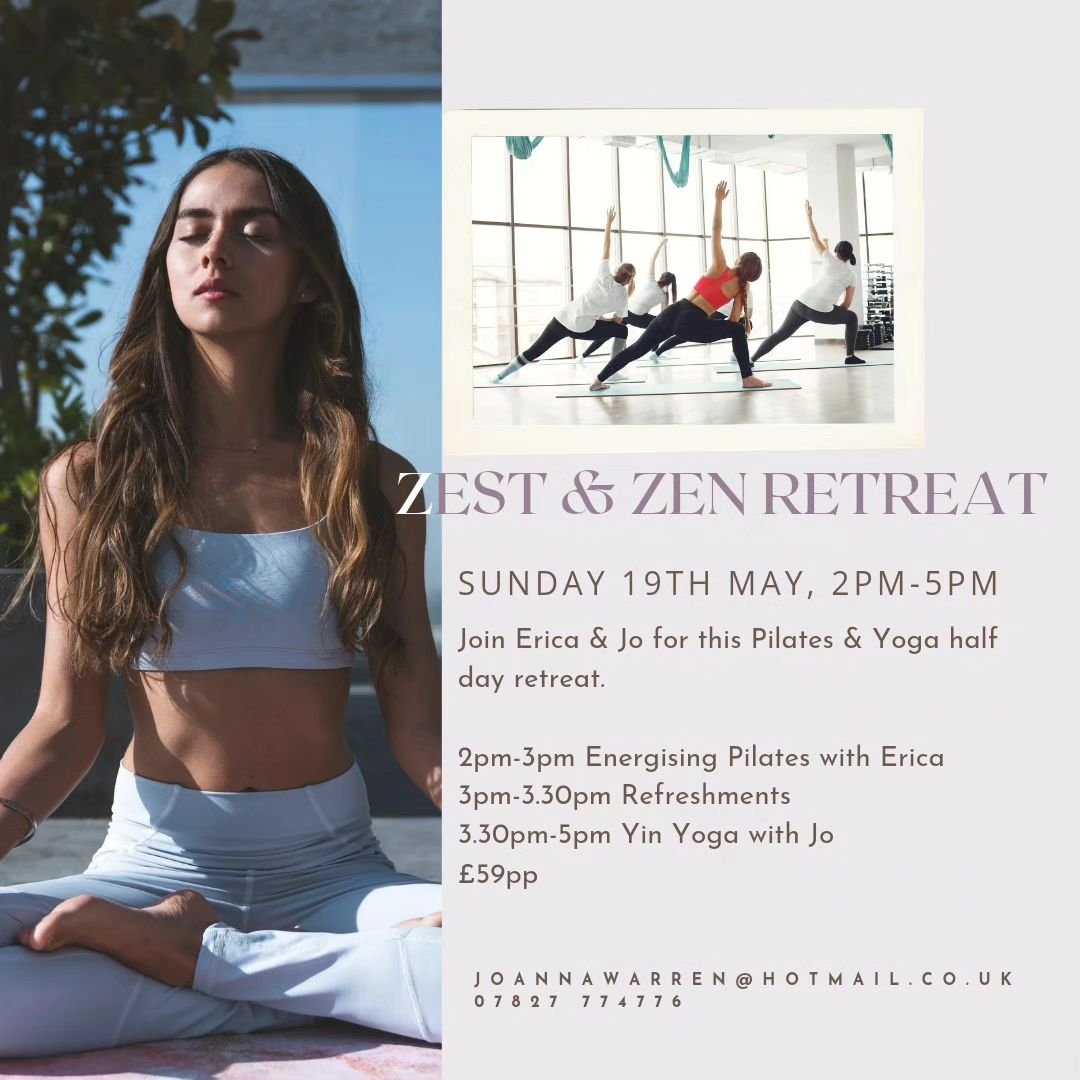 Join me and Erica for our 'Zest &amp; Zen' half day Pilates and Yoga retreat on Sunday 19th May, 2-5pm @saintsgreen 

Itinerary:

2pm ~ 60min Energising Pilates class with Erica 
3pm ~ Healthy snacks &amp; refreshments to keep you fuelled
3.30pm ~ 90