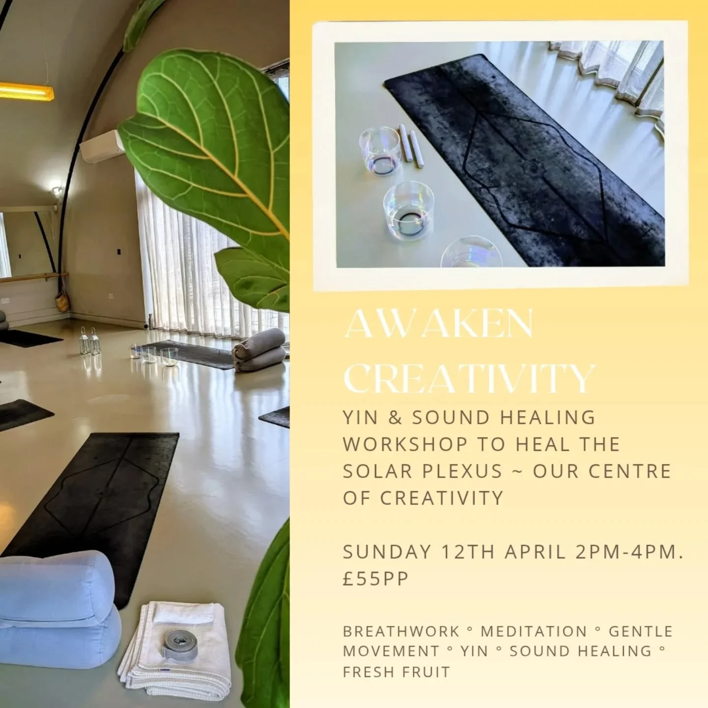 'Awaken Creativity' workshop themed around Manipura Chakra - our centre of creativity, emotions &amp; passion ❤️&zwj;🔥

2 hours of meditation, breathwork, Yin yoga to open &amp; Crystal Bowl Sound Healing. Fresh fruit available to aid digestion...bl
