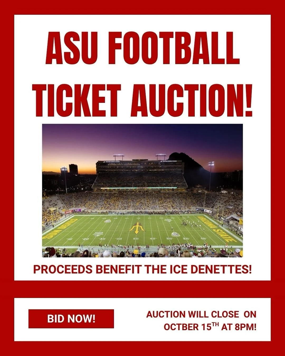 ASU football, 50-yard-line views, and a good cause? Let&rsquo;s do this!

We&rsquo;re auctioning off two premium seats to the ASU Sun Devils vs Texas Tech game on Saturday, October 18, 2025, at Mountain America Stadium in Tempe.

These seats are righ