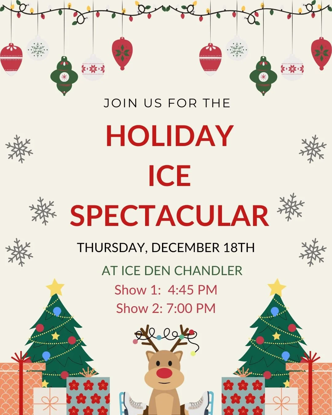 Tomorrow night the Ice Denettes will take the ice in the Holiday Ice Spectacular at the Ice Den Chandler!

⏰ Show times are at 4:45PM and 7:00PM

➡️ Swipe through to see which teams are featured in each show, and come cheer on our skaters. 

🧸 It&rs