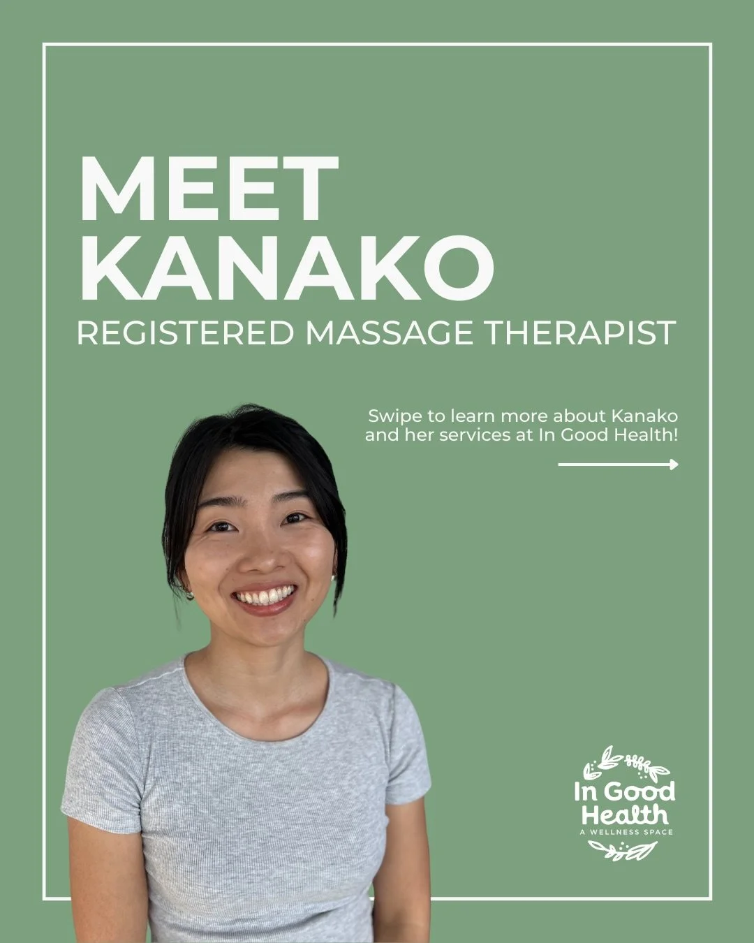 Meet Kanako, our new RMT here at In Good Health! 🌱

Kanako graduated from Trios College with Honours, and provides Swedish and deep tissue massage with a focus on relaxation, stress reduction, and rehabilitation.

She combines precise technique with