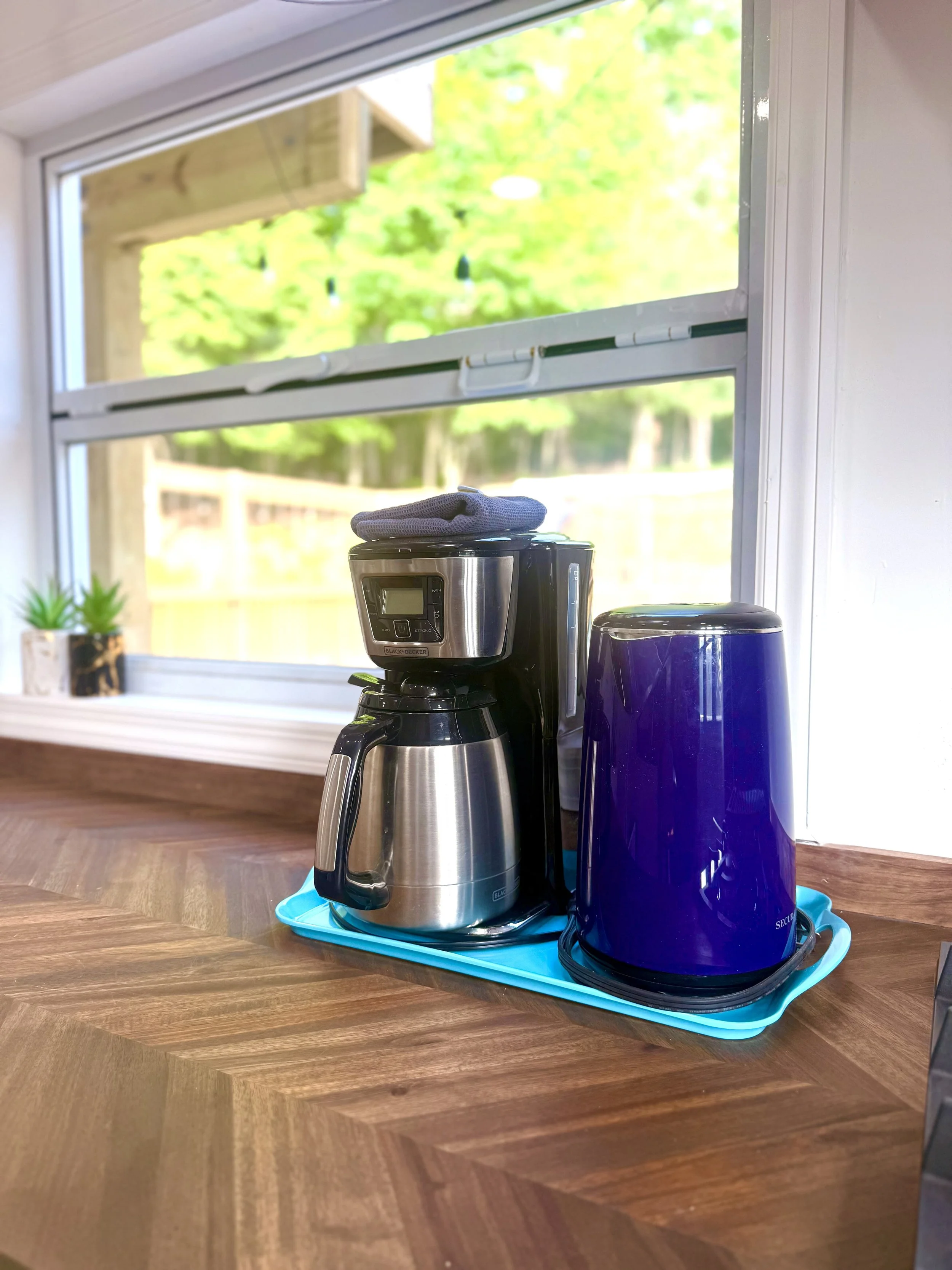 ☕ Wake up to fresh coffee and tea while enjoying peaceful forest views from your kitchenette window in the heart of the Catskills. 🌿