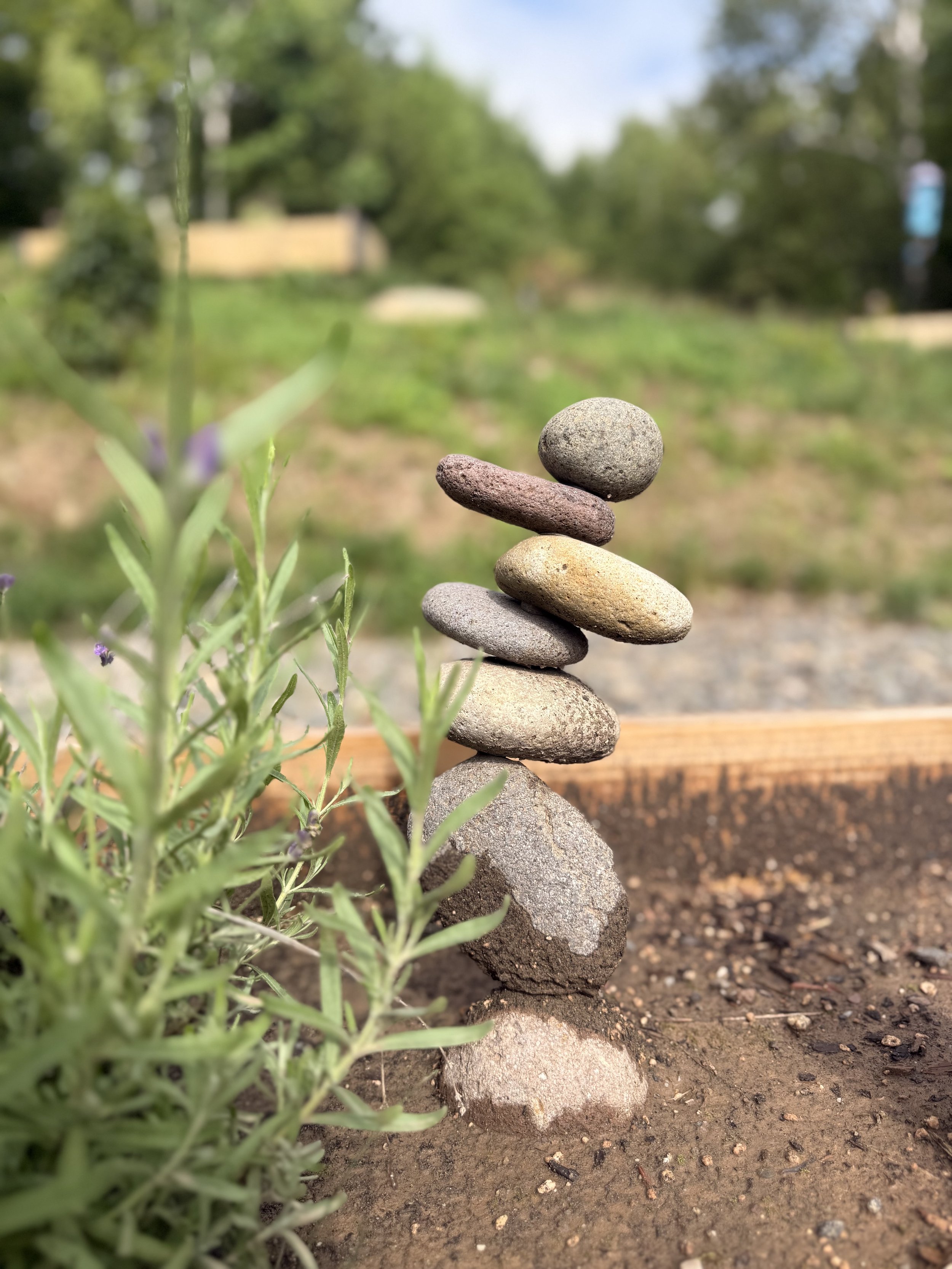 🪨 A balanced stone sculpture adds a peaceful touch to the garden at Alpine Four Season Lodge.