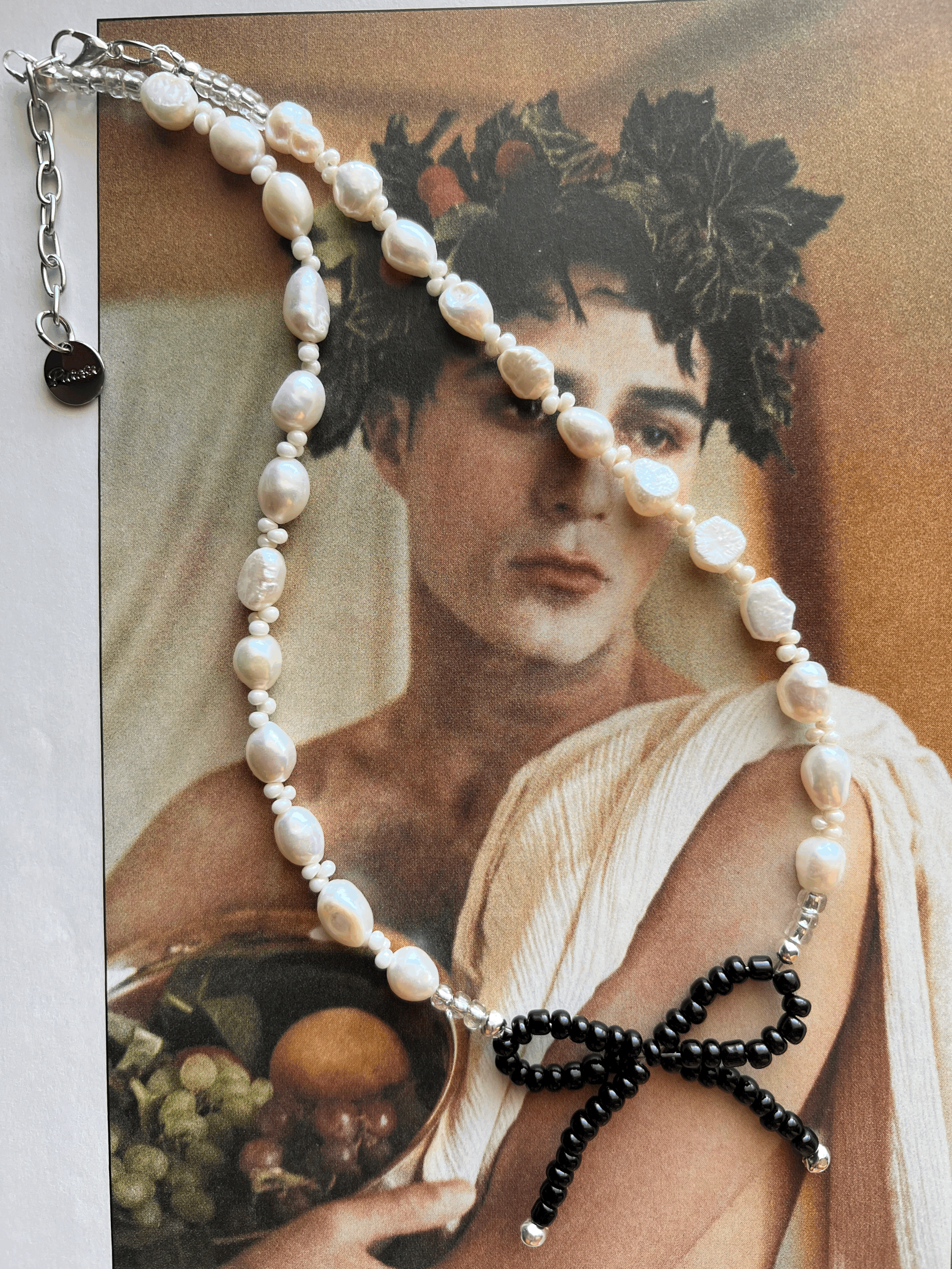 Black and white Japanese beaded bows with freshwater pearls | Handmade jewelry brand by mother and daughter