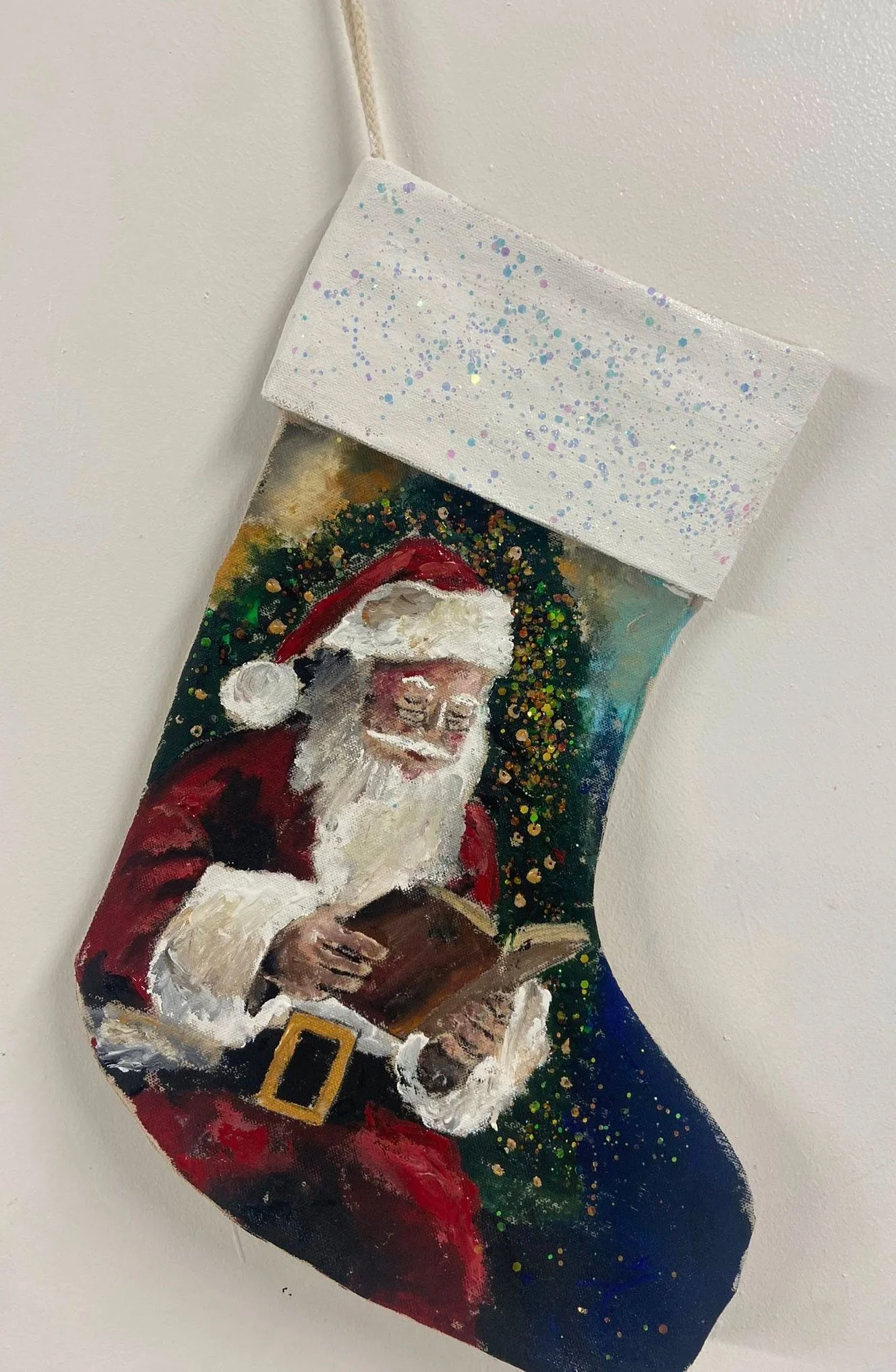 Santa Painting on Canvas Stocking