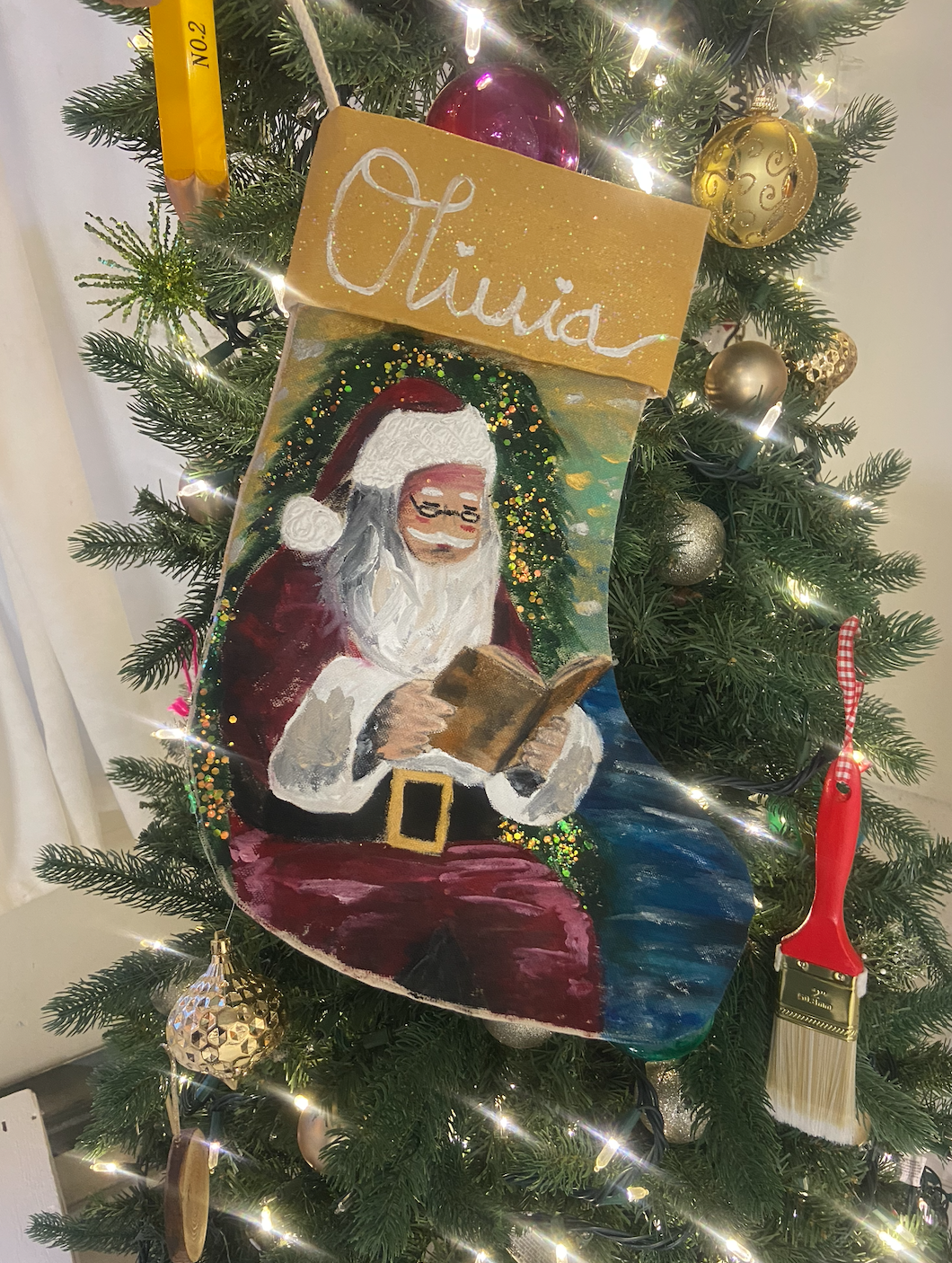 Santa Painting on Canvas Stocking