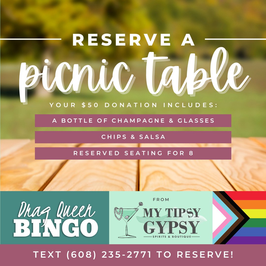 Don't forget to reserve a picnic table for $50 at our FIRST Drag Queen Bingo (with @the_moose_is_loose_3939 ) of the season on May 8th and support a local LGBTQ+ cause! Purchase tickets before booking a table at https://www.mytipsygypsy.com/tickets. 