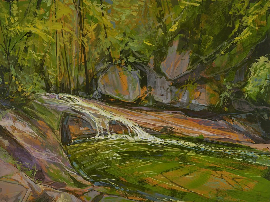 Emerald Pool
Acrylic on canvas
36 x 48  inches
Inquiries Welcome
(A portion of the proceeds from this painting will be donated to Southern Appalachian Highlands Conservancy)