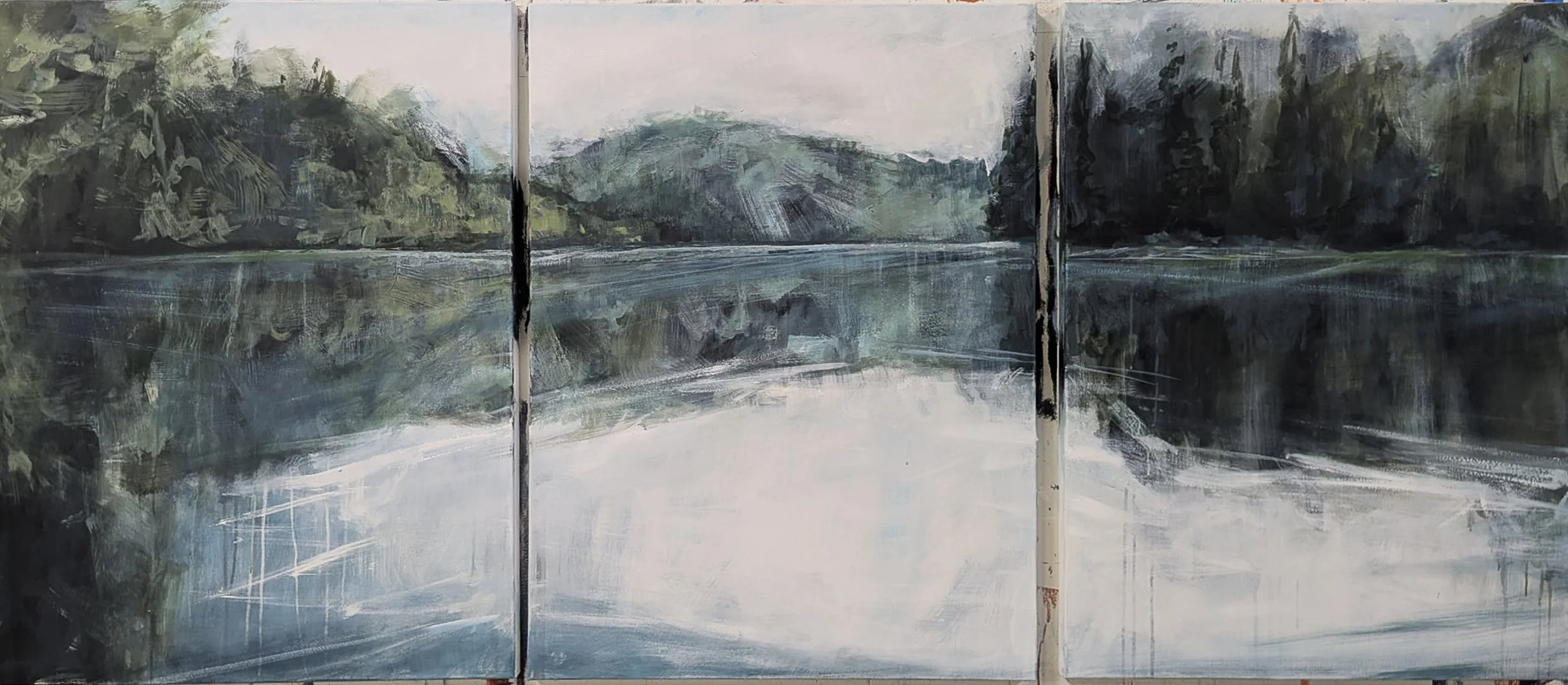 Jeremy Russell, The Spirit in the Lake, Acrylic on canvas (Triptych) 30 x 120 inches