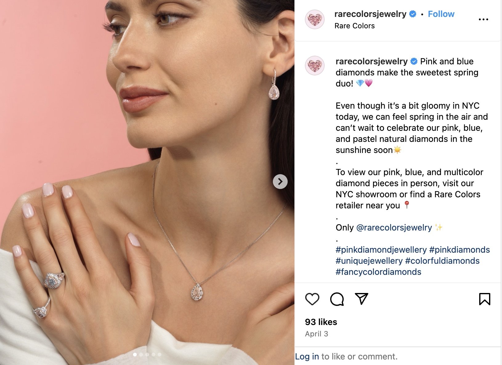A screenshot of a Rare Colors Instagram post with a woman wearing diamonds in front of a pink background