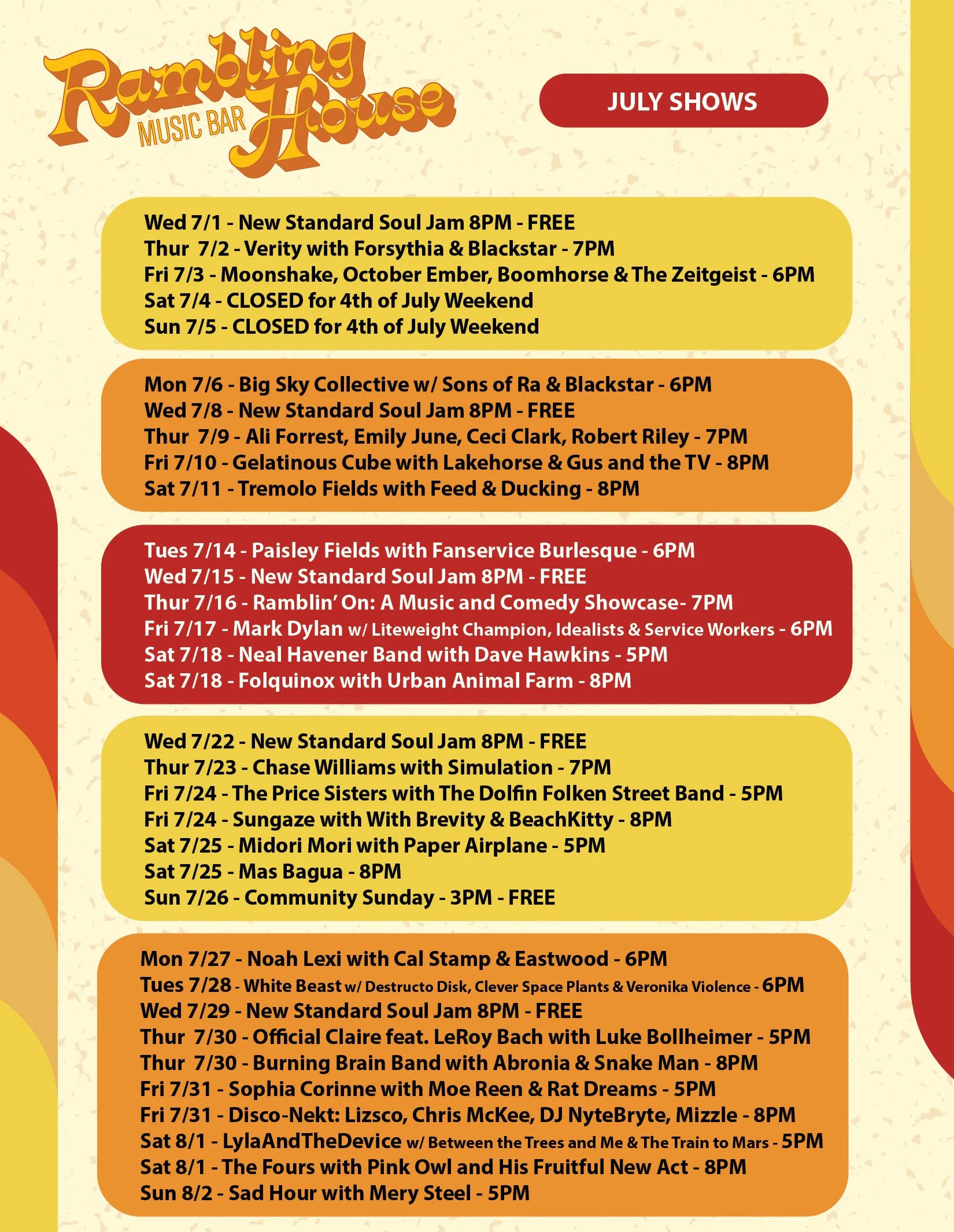 Schedule of July performances at Rambling House Music Bar, listing dates and acts including live music, comedy, and special events with times and some free entries, on a colorful poster.
