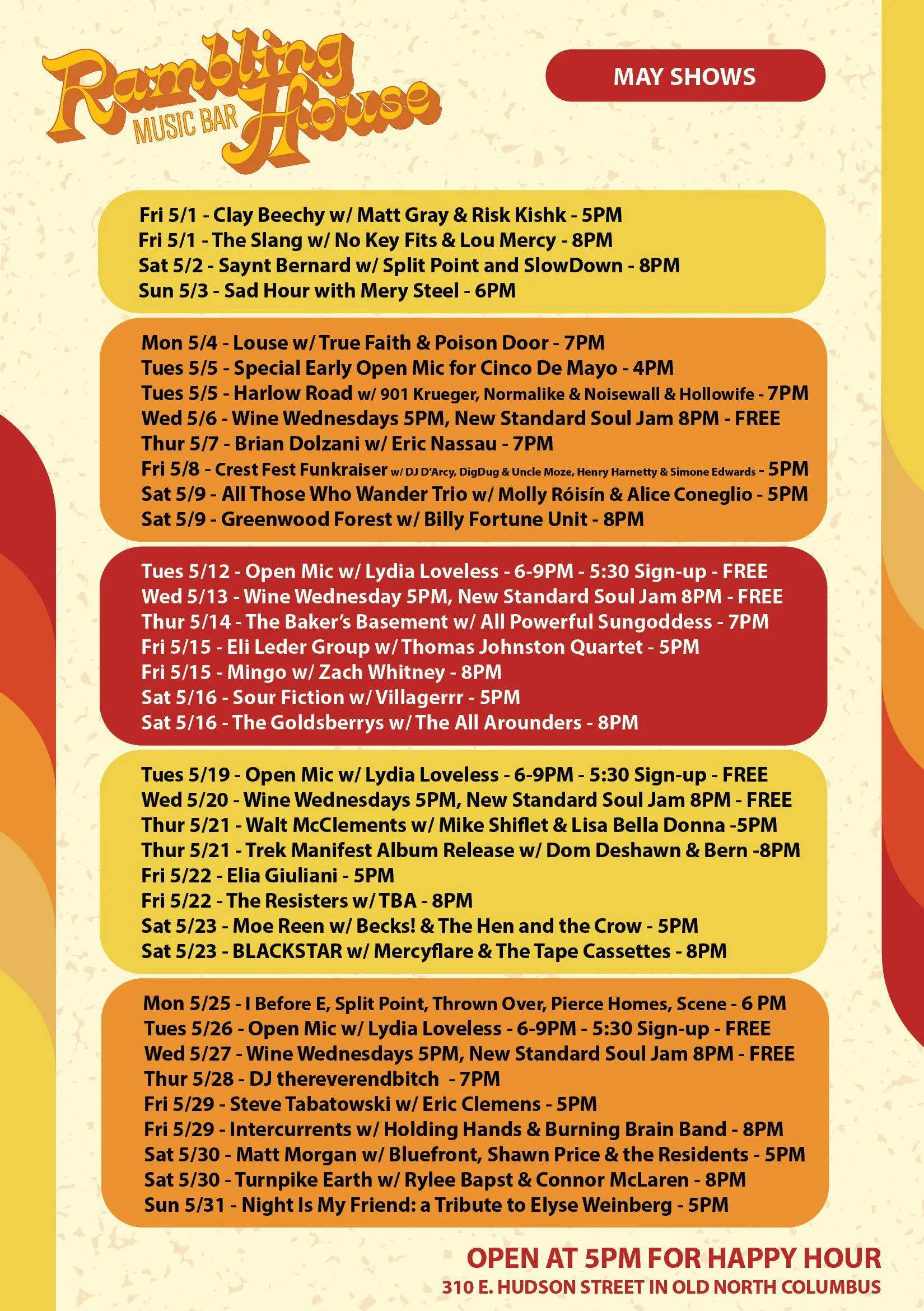 Rambling House Event Calendar for May 2026