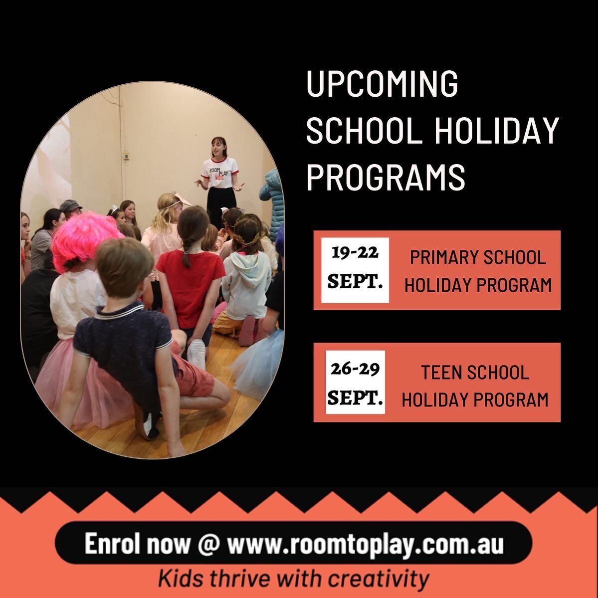 Our school holiday programs start in one weeks time and we only have FOUR spots left for our primary school holiday program! 

At Room to Play Kids, we&rsquo;re offering two programs: one for primary aged students and one for teens.

🎭 Primary Schoo