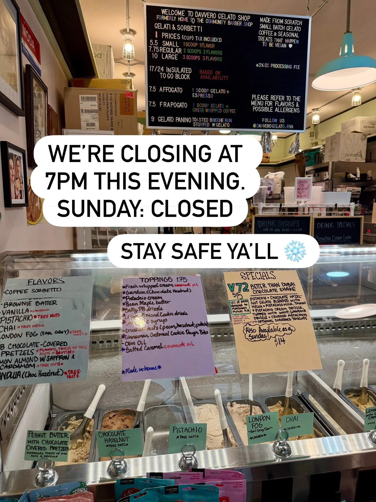 We&rsquo;re open till 7 this evening unless the forecast changes. The shop is closed tomorrow, Sunday. 
Stay safe out there ❄️