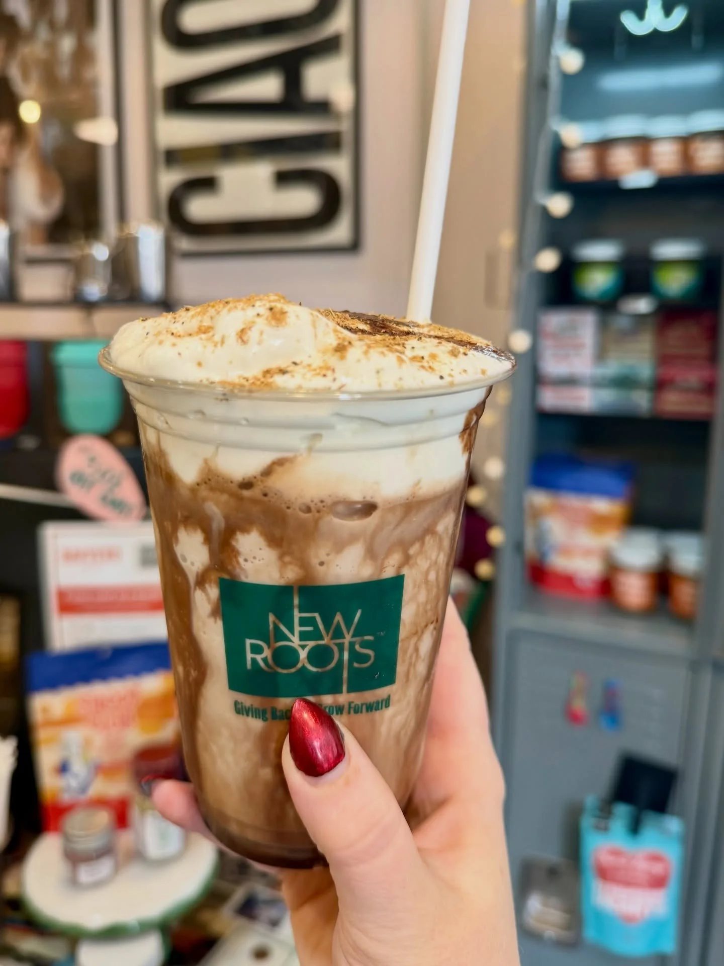 Dirty Chai Shake- chai gelato blended with instant espresso and oat milk, affogato drizzle whip and chai spice dust.