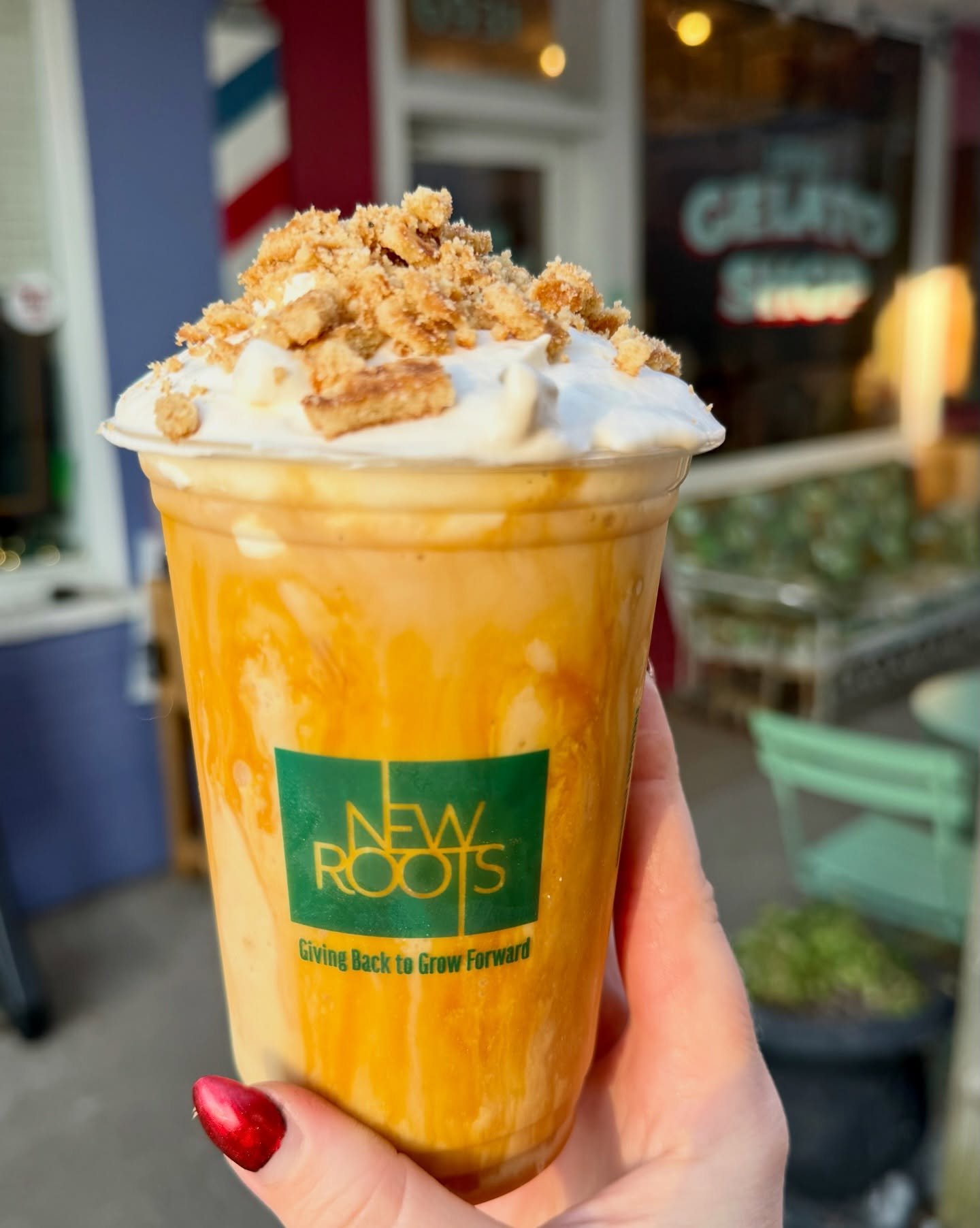 Stroopwaffle Shake: Salted caramel gelato blended with freeze dried espresso powder and oat milk w salted caramel drizzle, fresh whip and *stroopwaffle crumble. Contains tree nuts, coconut oil and *wheat