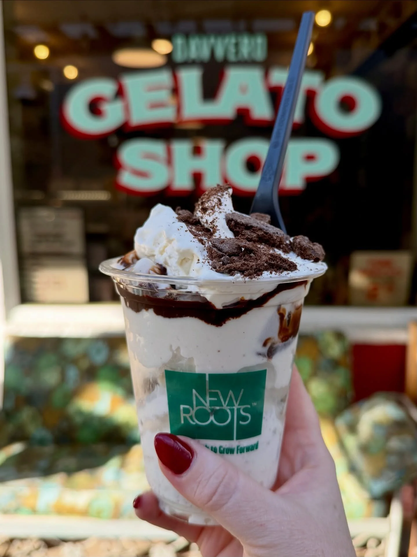 Thin Mint Sundae: Thin mint and vanilla gelato with chocolate syrup whipped cream and extra cookie crumble.