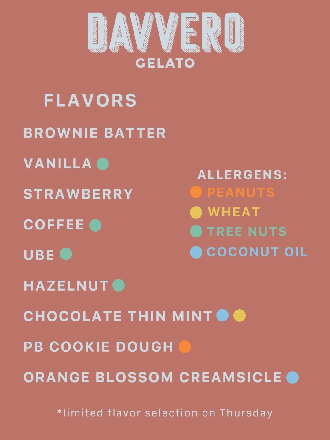 This week&rsquo;s flavors
Available Friday: Ube, Orange Blossom Creamsicle, Chocolate Thin Mint, Specials