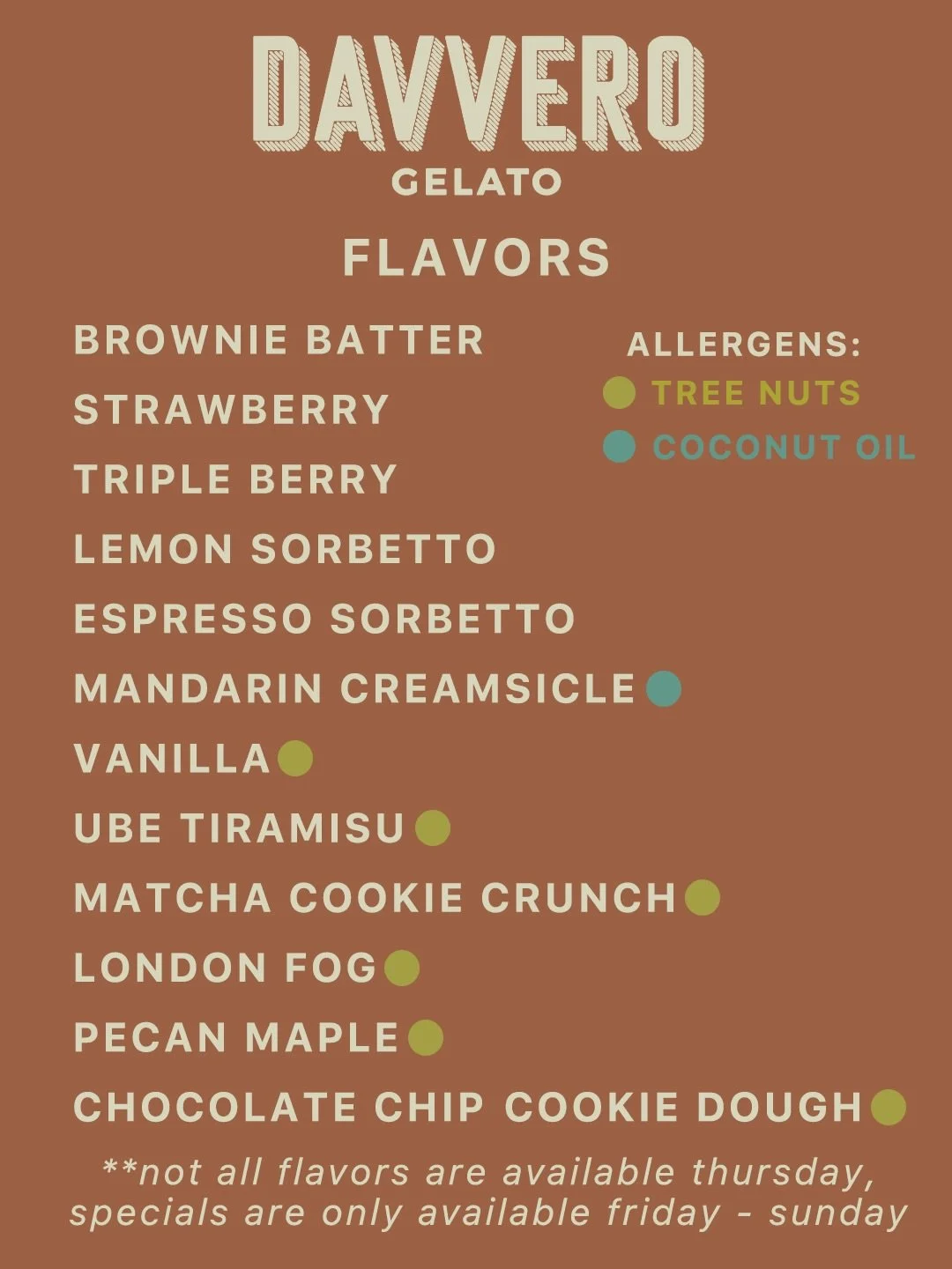 This week&rsquo;s flavors 👀
*Mandarin Creamsicle, Pecan Maple, London Fog and Ube Tiramisu will be available on Friday