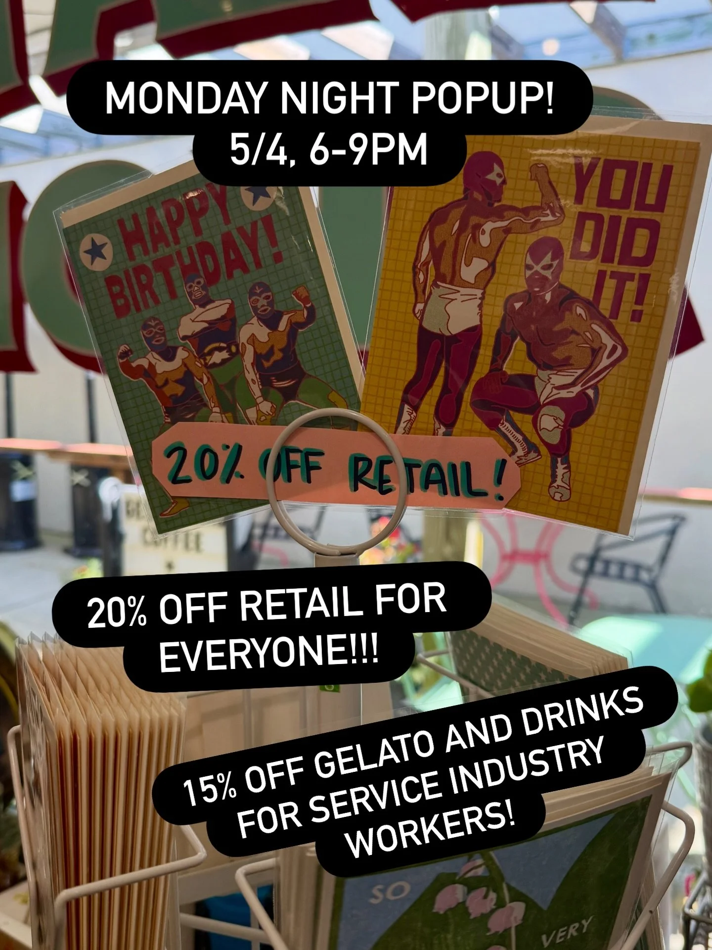The shop is open 6-9 pm tonight; 15% off if you work in the service industry, 20% off retail for everyone (excludes nut spreads)!! We&rsquo;ve got lots of Mothers Day gift options😉
Available Flavors: Lemon Sorbetto, Espresso Sorbetto, Strawberry, Ma