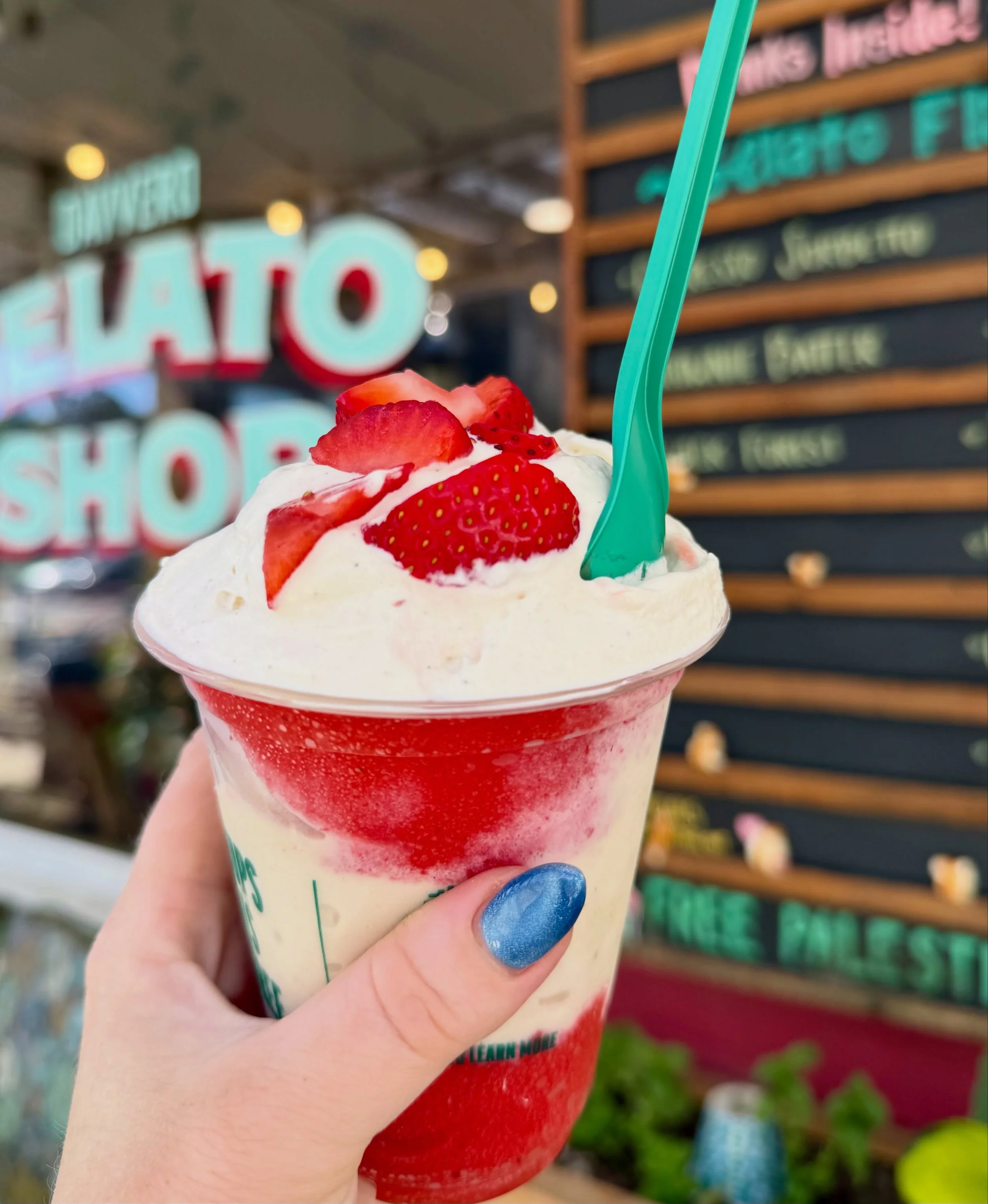 Strawberries and Cream Parfait 🍓 vanilla gelato layered in strawberry granita topped with fresh whipped cream and berries