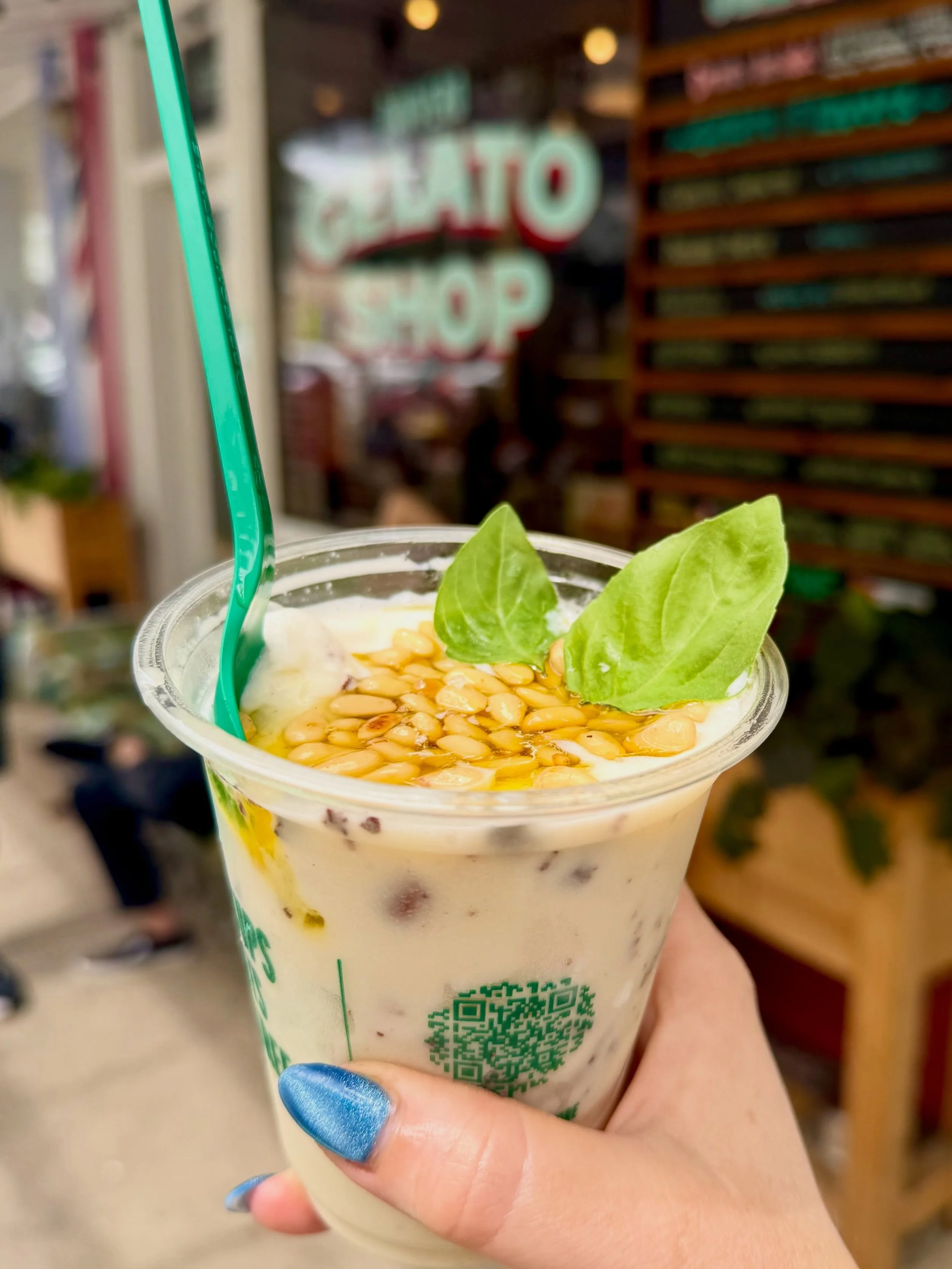 One of my all time favorites: Olive Oil Basil Sundae- Basil gelato and Olive Oil gelato made with a blend of cashew cream and Palestinian olive oil with chunks of dark chocolate covered toasted pine nuts, topped with more toasted pine nuts, a dousing