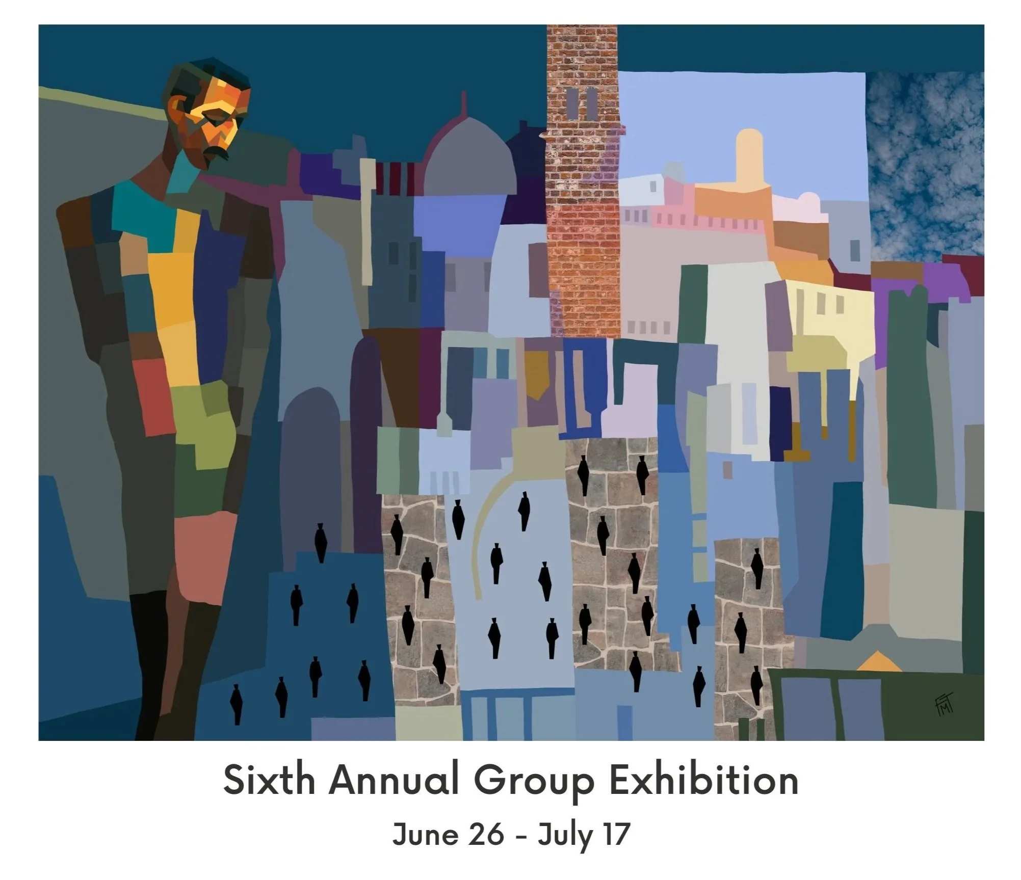 A cubist style painting depicts a figure with a mustache, standing against a backdrop of abstract buildings and a cityscape. Small silhouetted figures are scattered throughout the scene, appearing on stone structure.