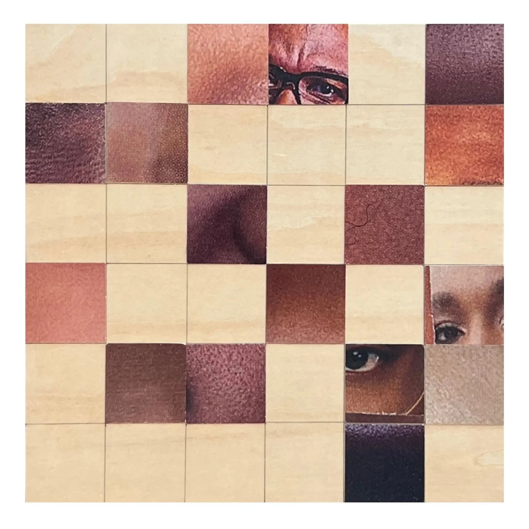 A grid of squares, resembling a checkerboard, with some squares showing close-ups of human eyes and skin textures in various tones.