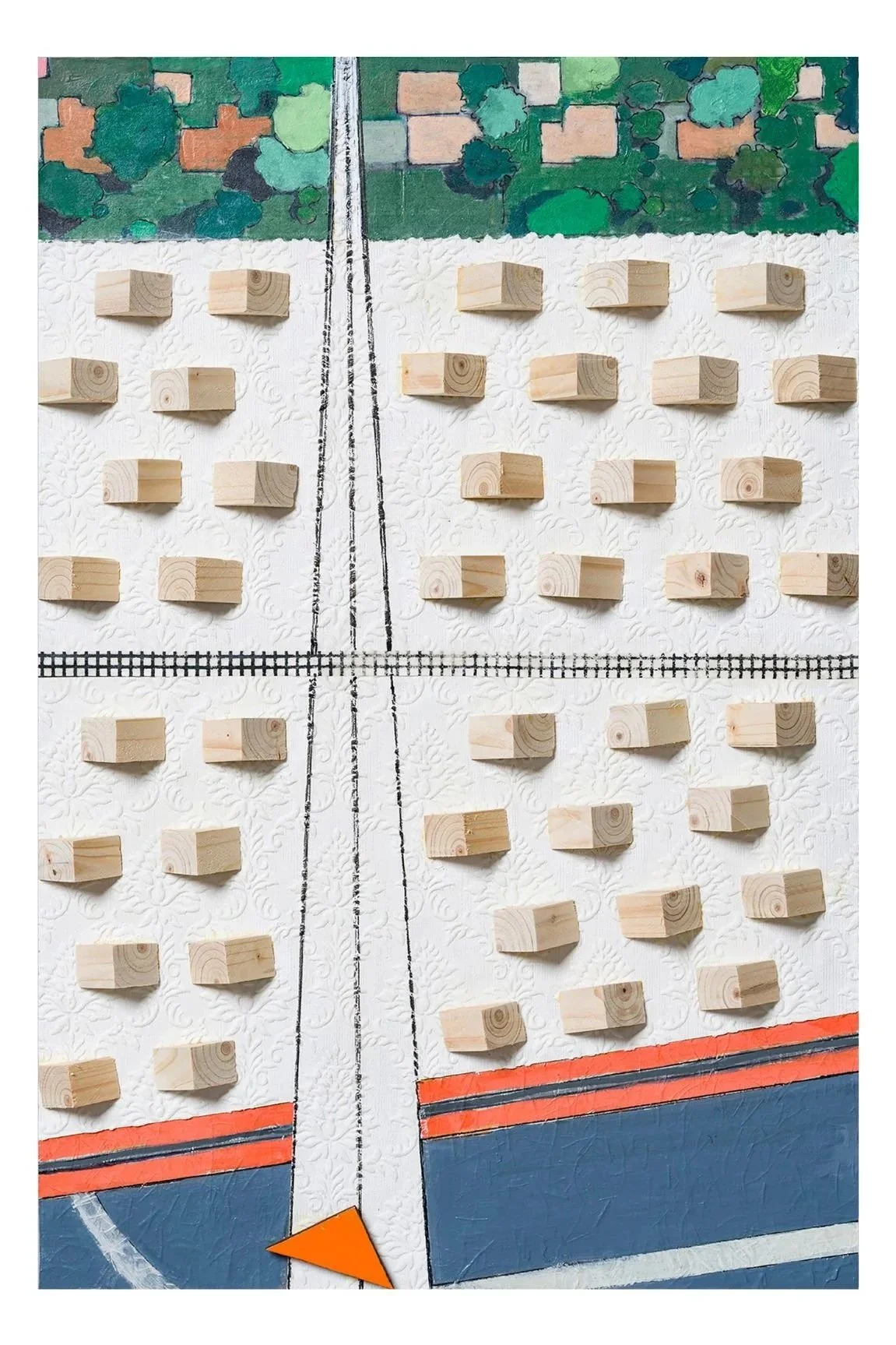 A mixed-media artwork featuring a grid of small wooden blocks on a green background, alongside an abstract design with orange and white stripes and arrows, and a blueprint with colorful house-shaped cutouts.