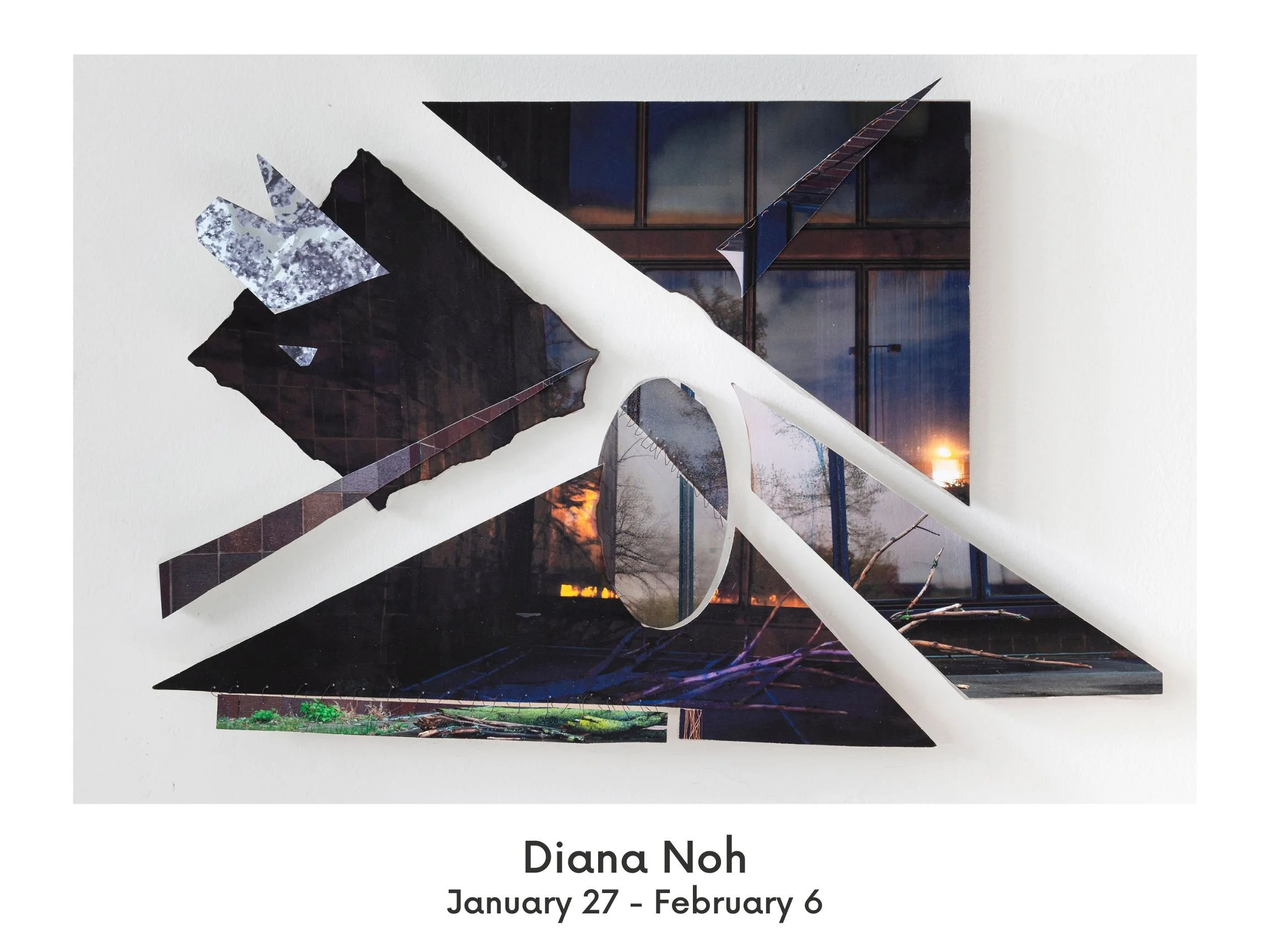 Abstract collage artwork composed of irregular, cut photographic shapes layered against a white background. The images include fragments of windows, tree branches, and an outdoor scene at dusk with warm light reflecting in glass, creating intersectin
