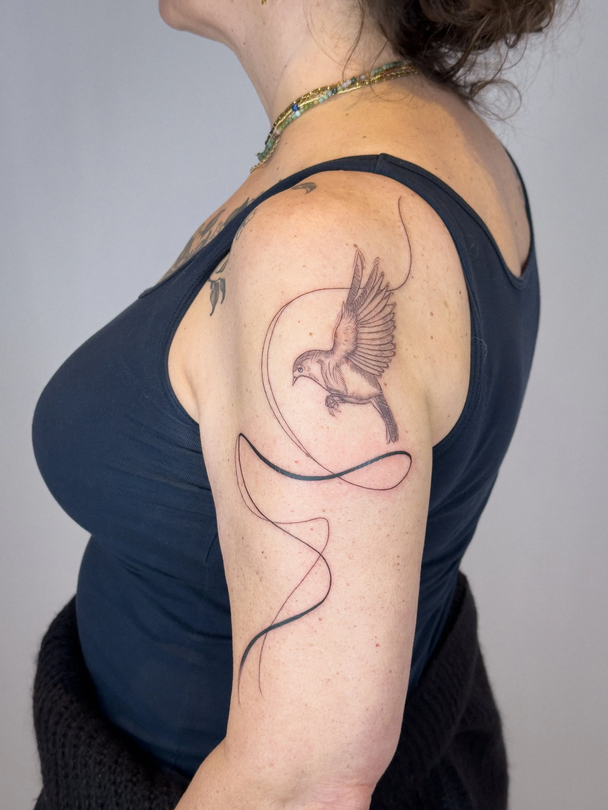 Fine line bird tattoo combined with flowing organic lines, designed to follow the natural movement of the arm. A balanced composition between illustration and freehand flow.

Custom tattoo by Lis Roldan.