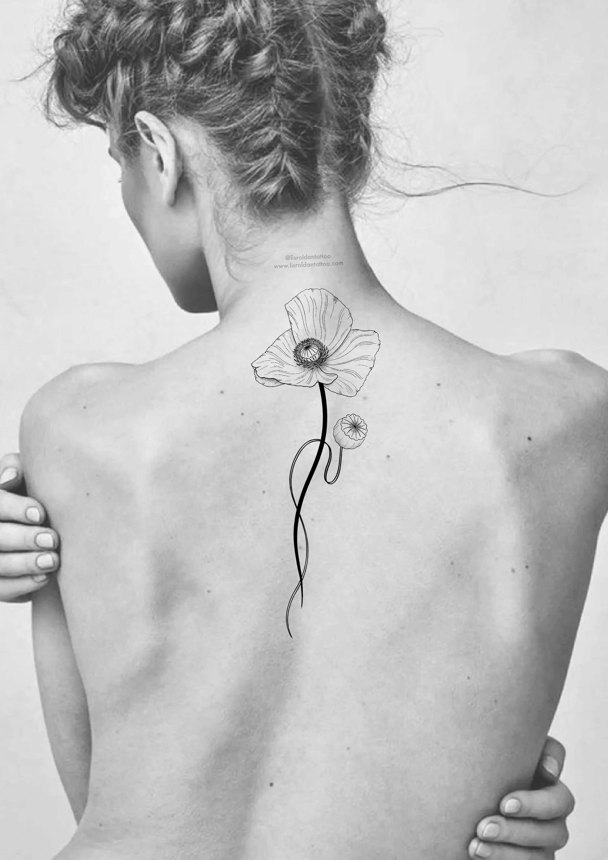Minimalist tattoo design by Lis Roldan featuring a delicate poppy flower in fine black lines, paired with a bold, flowing stem that follows naturally. The soft, paper-like petals contrast with the clean stem, creating a harmonious balance between fra