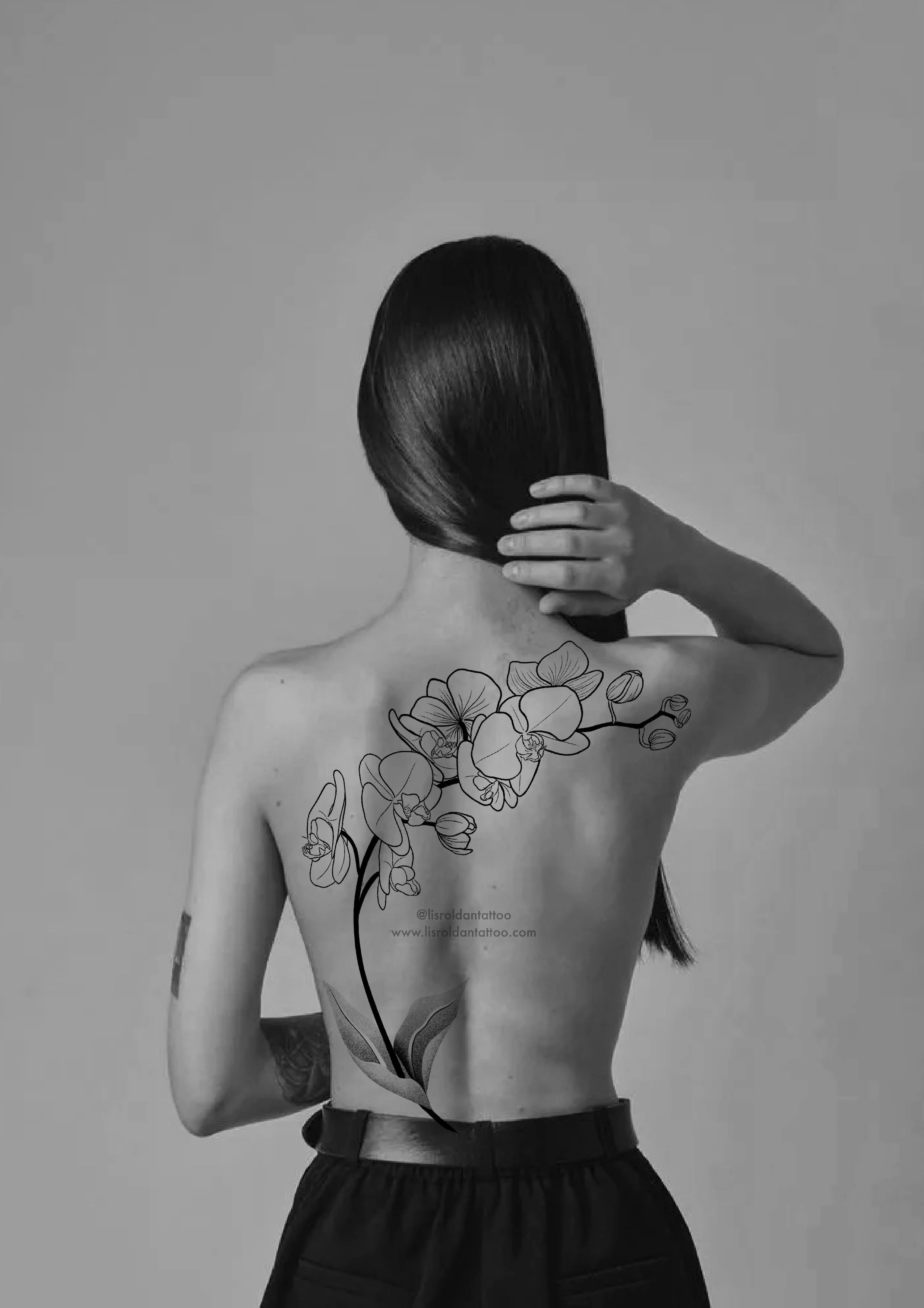 Orchid botanical tattoo design by Lis Roldan, featuring fine line details, bold details, flowing stem, and natural leaves. 