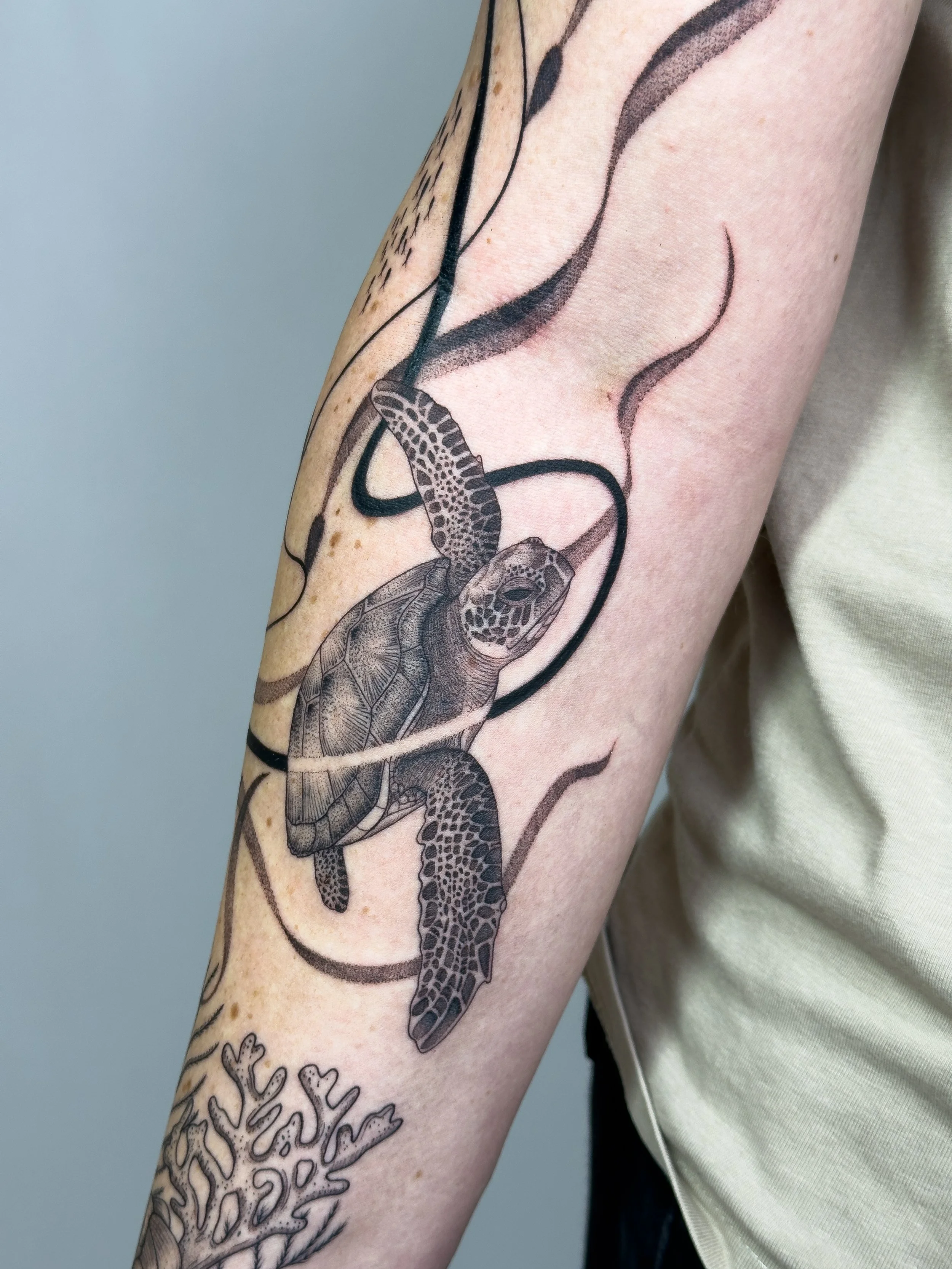 Sea-inspired arm tattoo featuring flowing freehand lines, botanical elements, and a sea turtle, tattooed by Lis Roldan over two sessions. This custom piece was designed to follow the natural shapes and movement of the arm, creating a harmonious and o