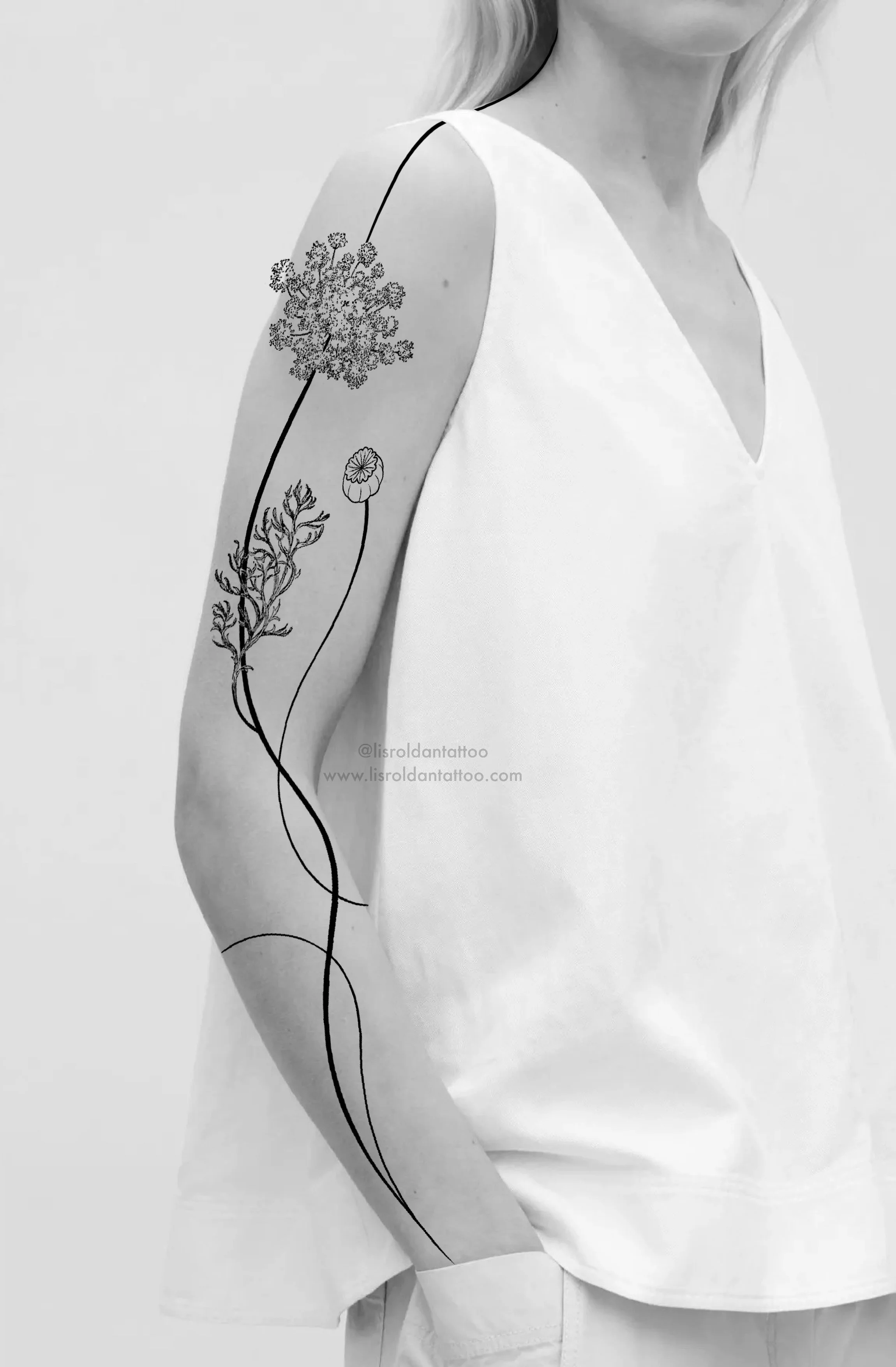 Flowing Wild Carrot Flower and Lines tattoo design by Lis Roldan