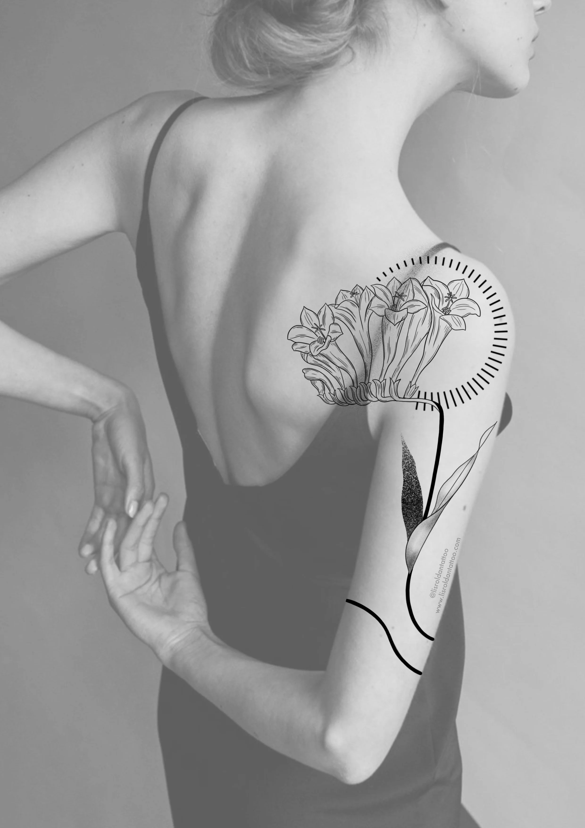Elegant shoulder tattoo design by Lis Roldan featuring freesia flowers, celebrated for their delicate beauty and meaning of friendship, trust, and new beginnings. The design combines fine-line botanical illustration with subtle dotwork and flowing mi