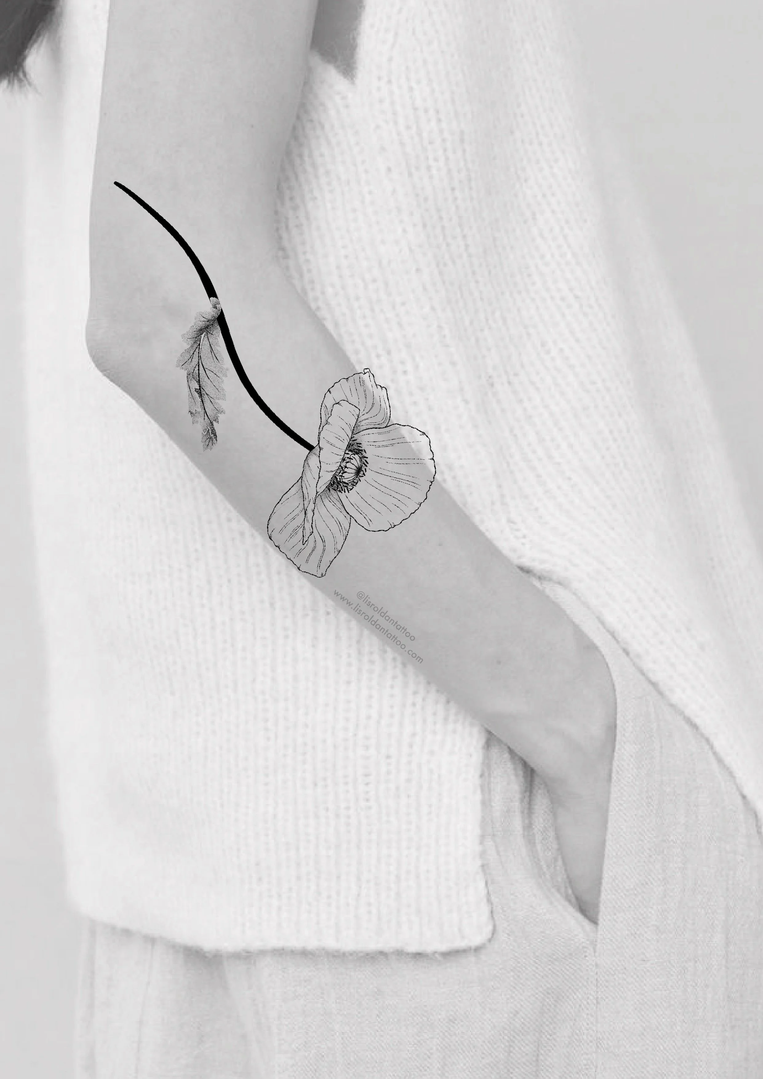Minimalist forearm tattoo design by Lis Roldan featuring a delicate poppy flower in fine black lines, paired with a bold, flowing stem that follows the natural curve of the arm. The soft, paper-like petals contrast with the clean stem, creating a har