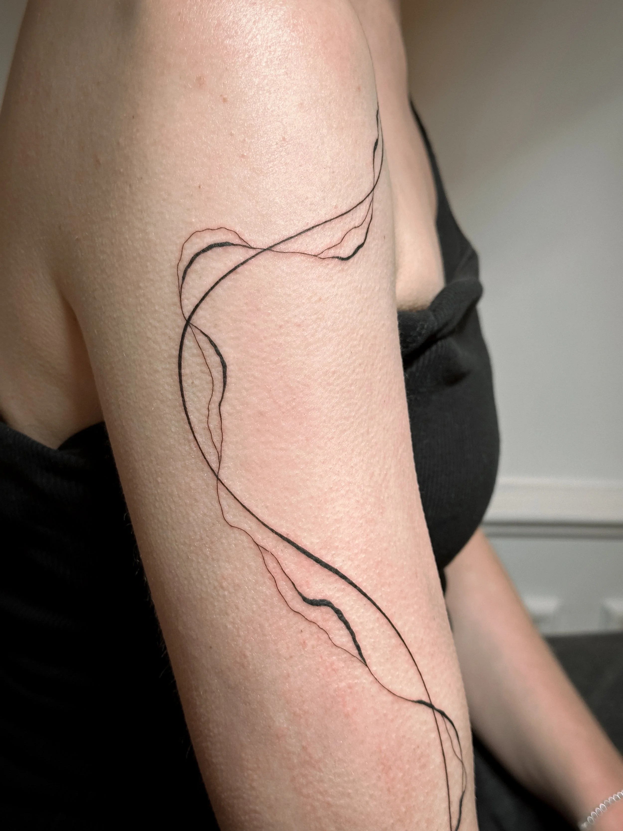 Freehand fine line tattoo with flowing organic lines designed to follow the natural movement of the arm. A minimal and intuitive composition that enhances the body’s shape.

Custom tattoo by Lis Roldan.