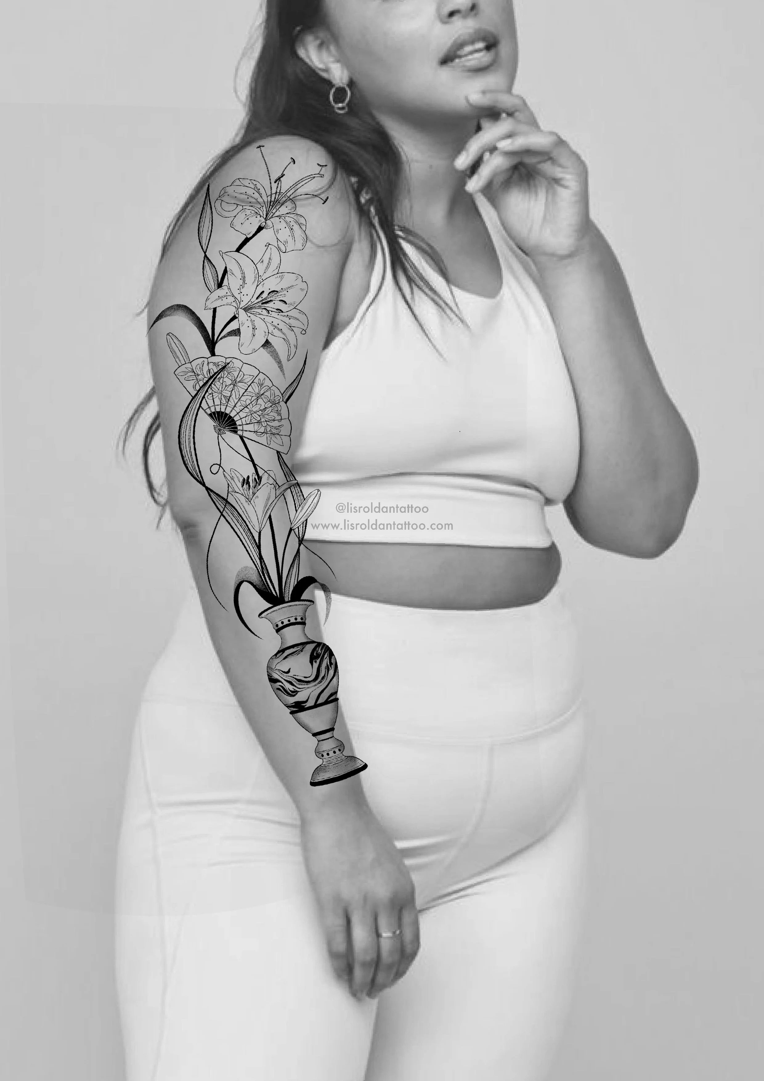 Flowing Lily Flowers and Vase tattoo design by Lis Roldan