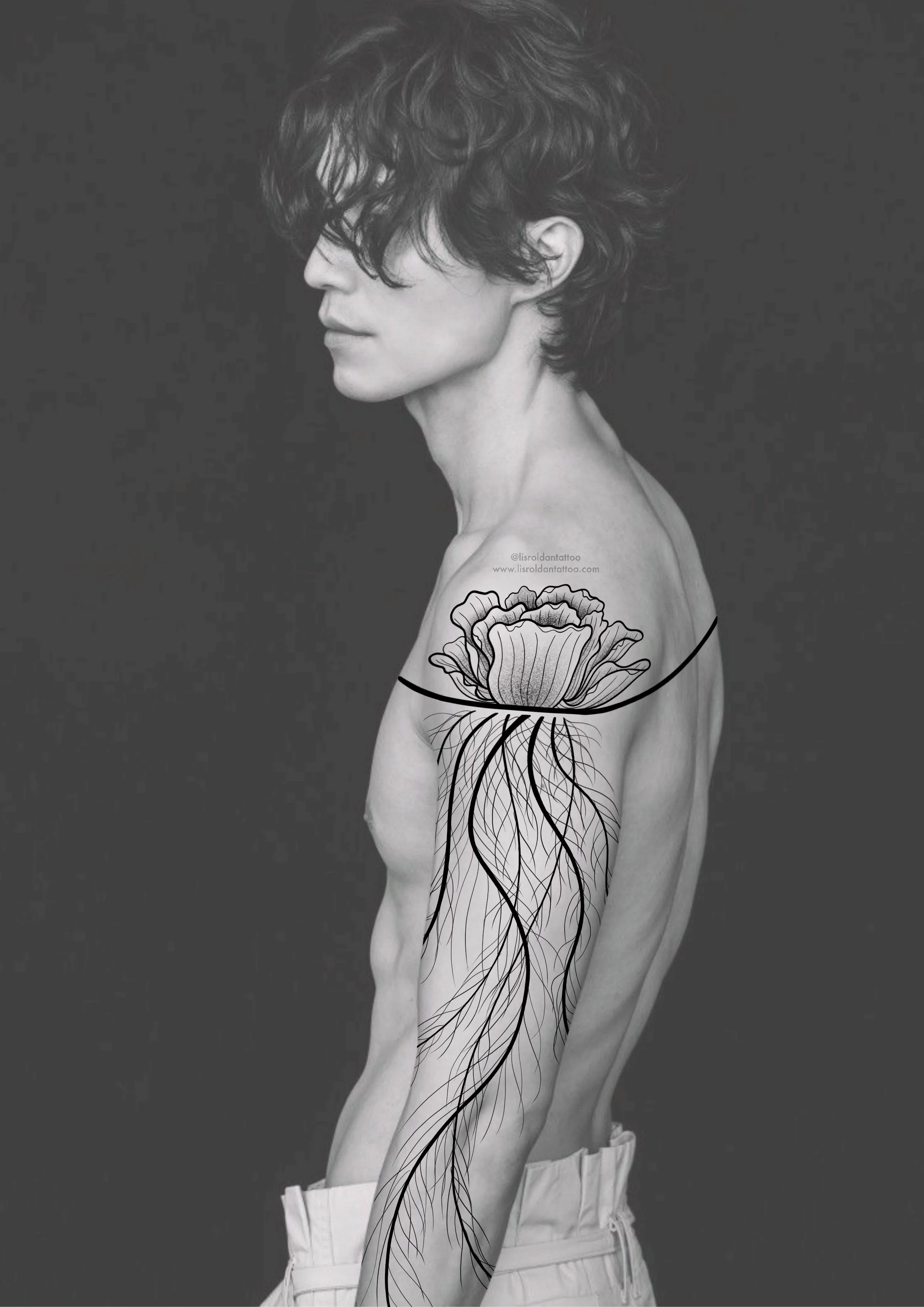 Fine line tattoo design by Lis Roldan featuring a detailed Pistia stratiotes (water lettuce) on the upper arm, with long, flowing roots extending elegantly down to the forearm. The minimalist black ink work captures the plant’s soft, layered leaves a