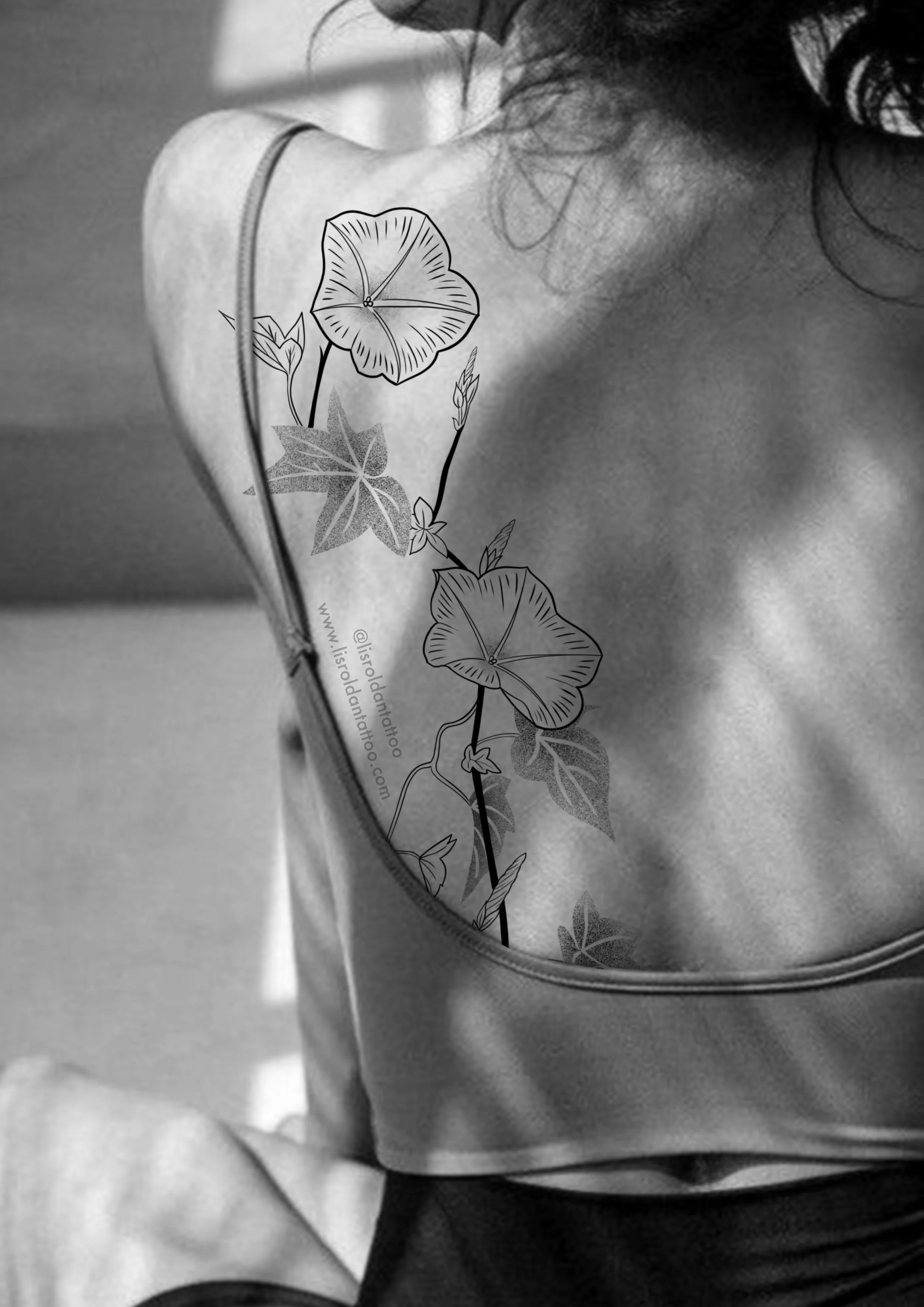Morning glory vine tattoo design by Lis Roldan, featuring delicate blooms and flowing leaves. This genderless botanical tattoo can be adapted to any body type or placement, offering a timeless and organic look inspired by nature’s elegance.